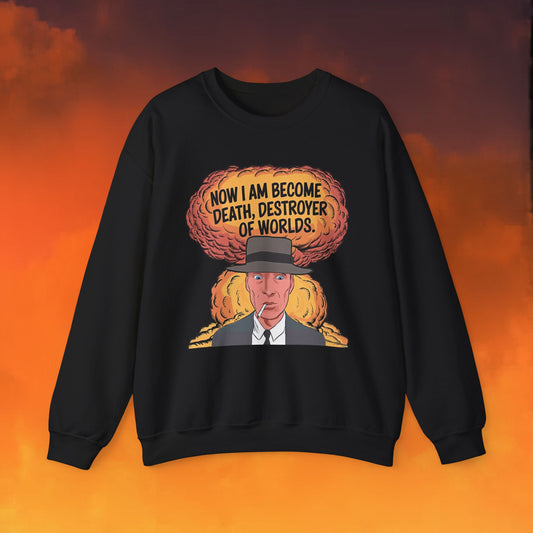 Oppenheimer I am Death, Destroyer of Worlds Atomic Bomb Explosion Unisex Heavy Blend Crewneck Sweatshirt Black Sweatshirts Cillian Murphy Movies Oppenheimer Printify