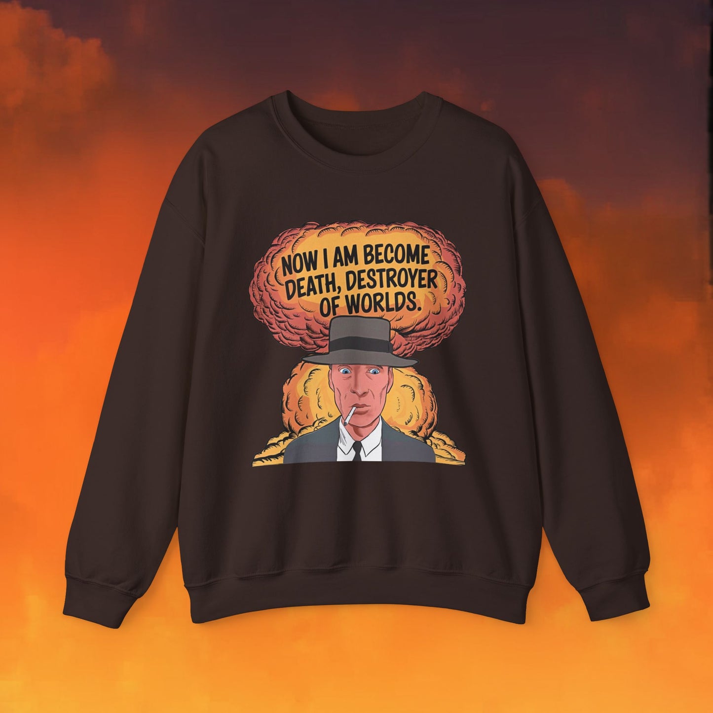 Oppenheimer I am Death, Destroyer of Worlds Atomic Bomb Explosion Unisex Heavy Blend Crewneck Sweatshirt Dark Chocolate Sweatshirts Cillian Murphy Movies Oppenheimer Printify