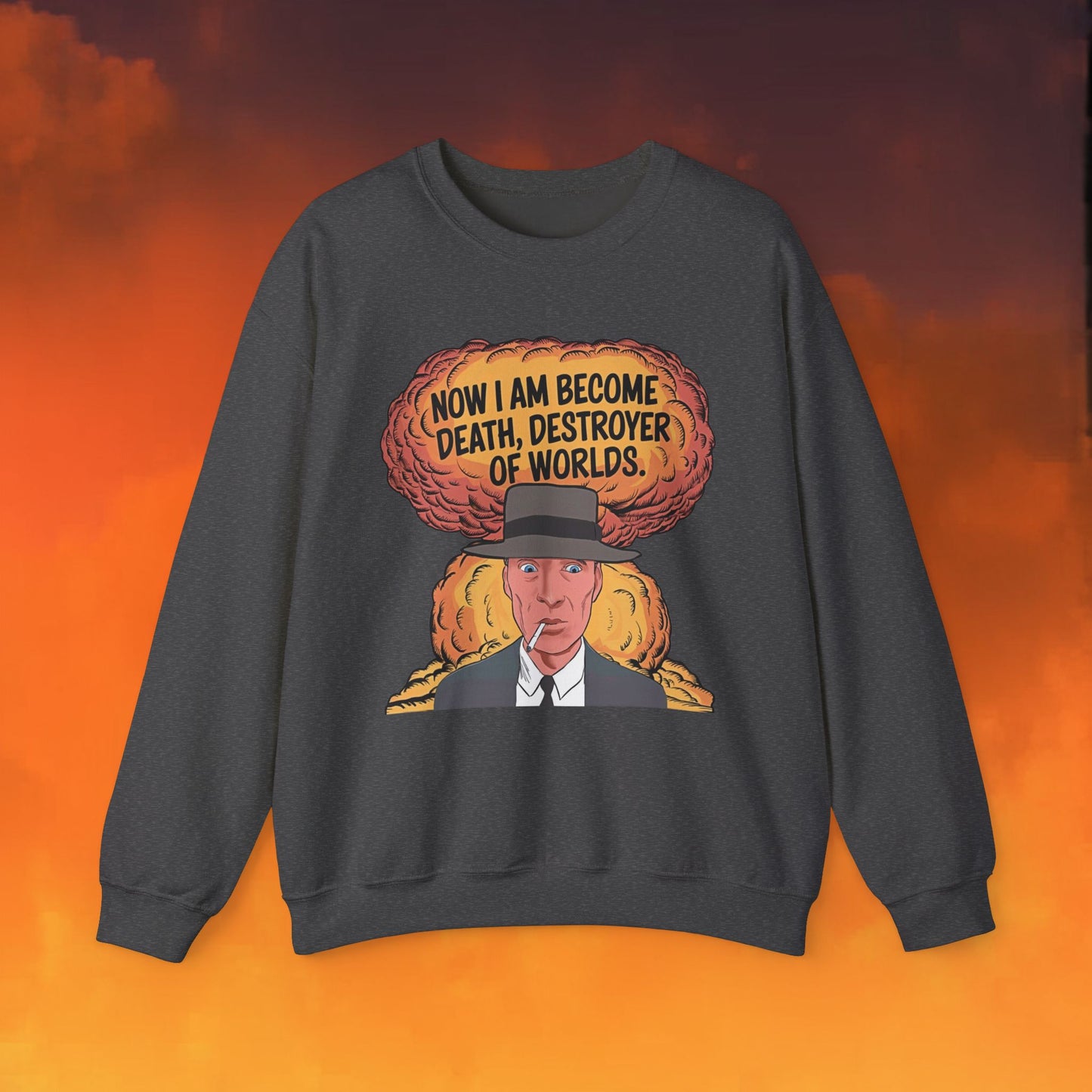 Oppenheimer I am Death, Destroyer of Worlds Atomic Bomb Explosion Unisex Heavy Blend Crewneck Sweatshirt Dark Heather Sweatshirts Cillian Murphy Movies Oppenheimer Printify