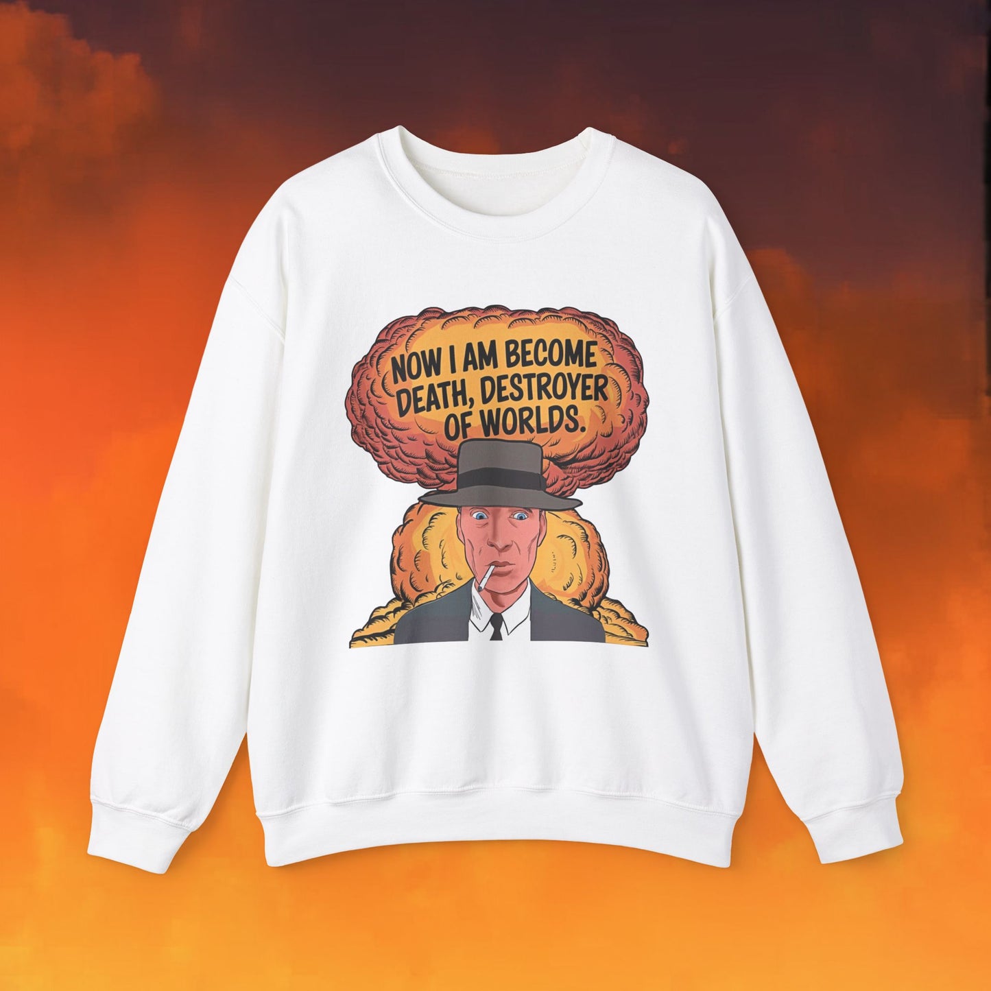 Oppenheimer I am Death, Destroyer of Worlds Atomic Bomb Explosion Unisex Heavy Blend Crewneck Sweatshirt White Sweatshirts Cillian Murphy Movies Oppenheimer Printify