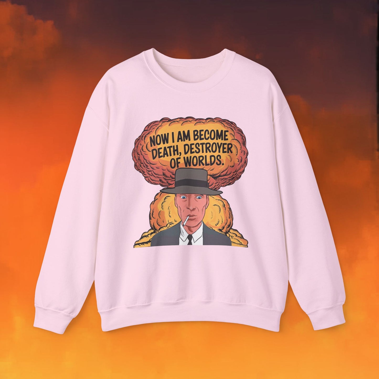 Oppenheimer I am Death, Destroyer of Worlds Atomic Bomb Explosion Unisex Heavy Blend Crewneck Sweatshirt Light Pink Sweatshirts Cillian Murphy Movies Oppenheimer Printify