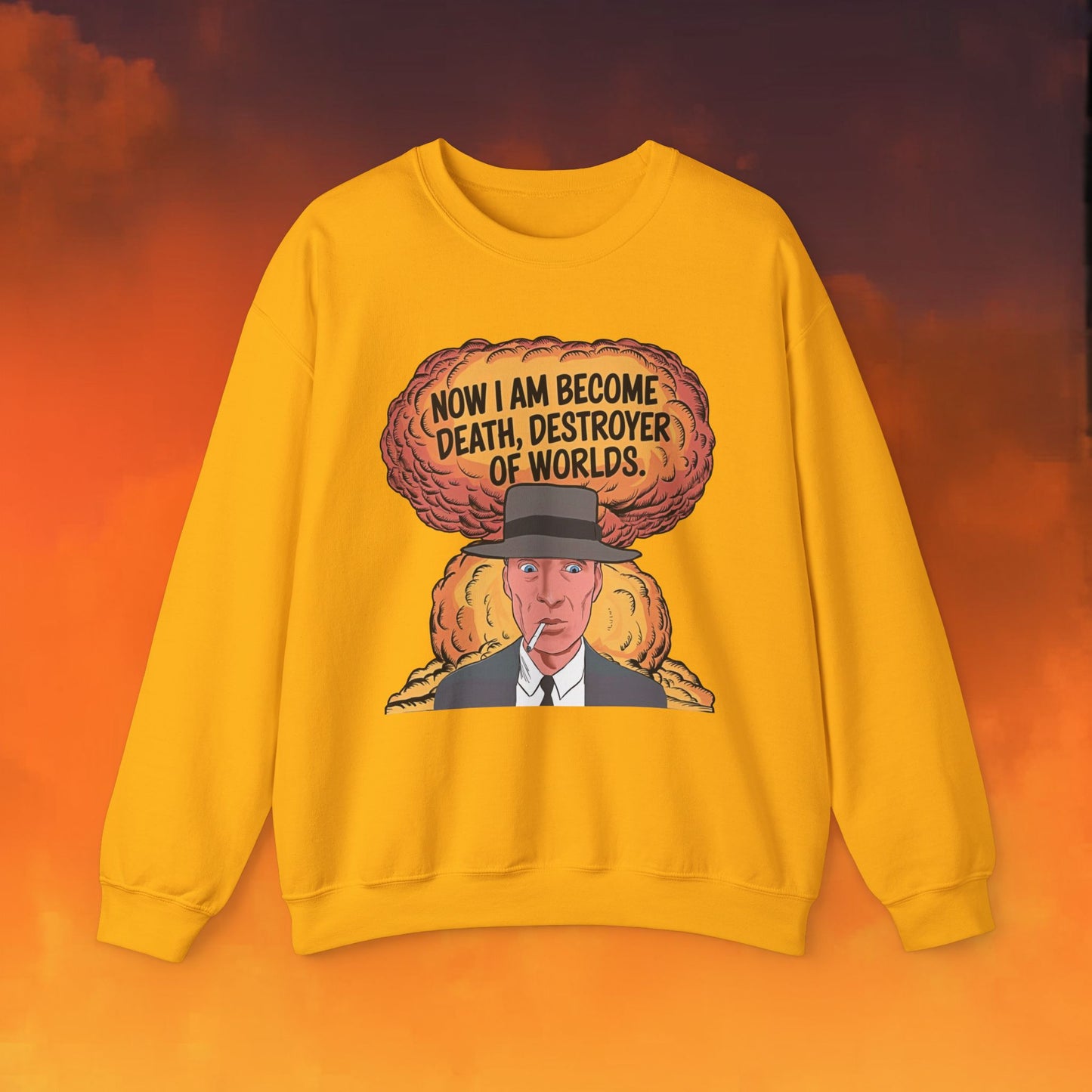Oppenheimer I am Death, Destroyer of Worlds Atomic Bomb Explosion Unisex Heavy Blend Crewneck Sweatshirt Gold Sweatshirts Cillian Murphy Movies Oppenheimer Printify