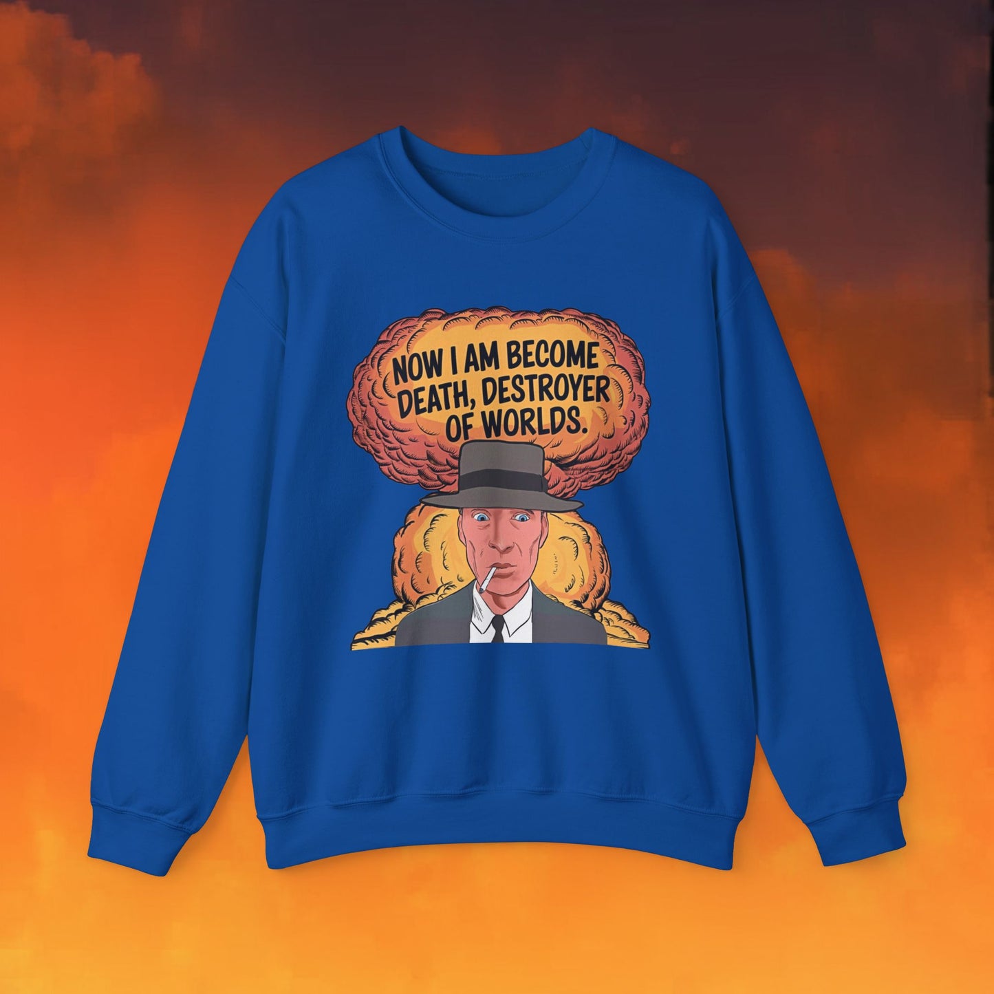 Oppenheimer I am Death, Destroyer of Worlds Atomic Bomb Explosion Unisex Heavy Blend Crewneck Sweatshirt Royal Sweatshirts Cillian Murphy Movies Oppenheimer Printify