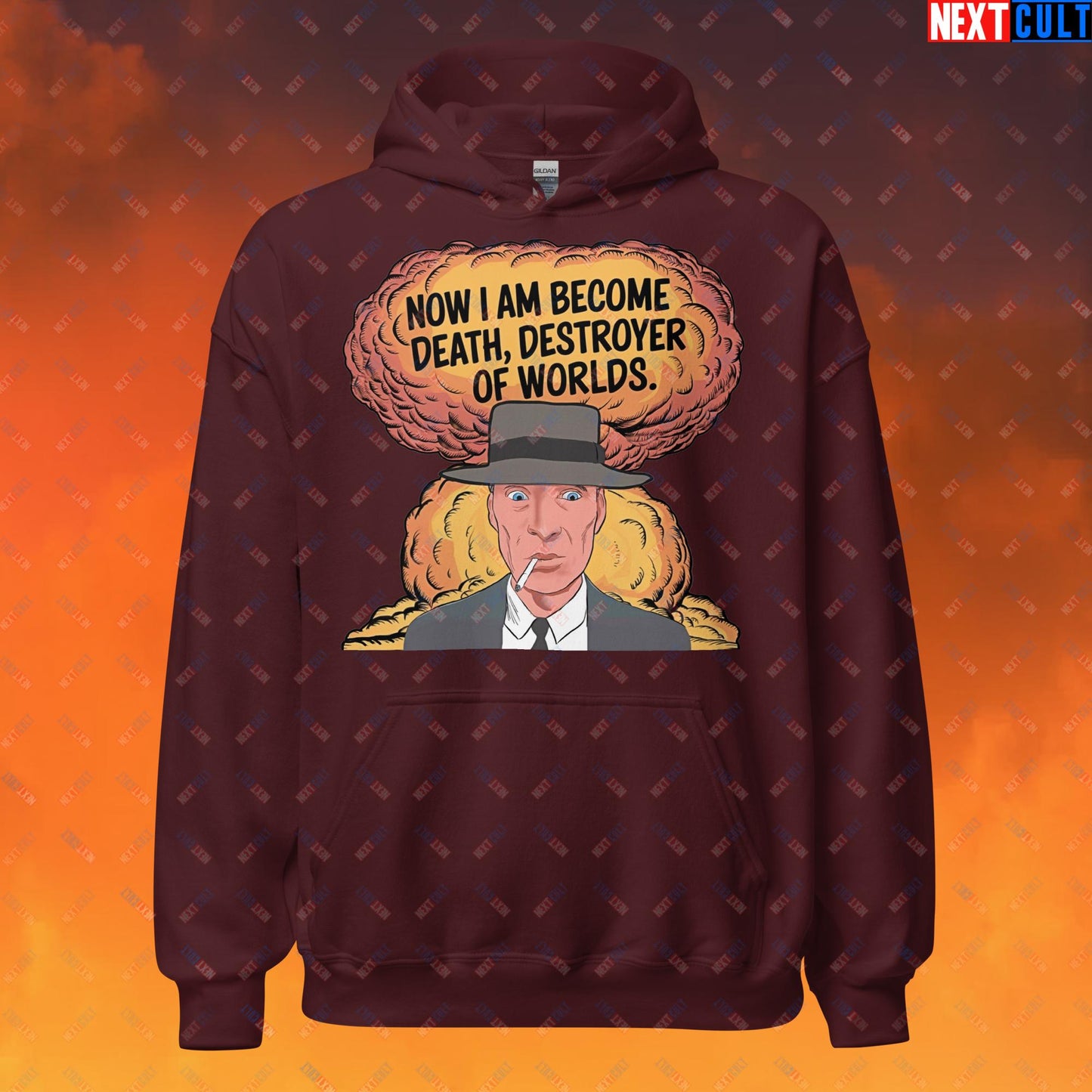 Oppenheimer I am Death, Destroyer of Worlds Atomic Bomb Explosion Unisex Hoodie Maroon Hoodies Cillian Murphy Movies Oppenheimer Next Cult Brand