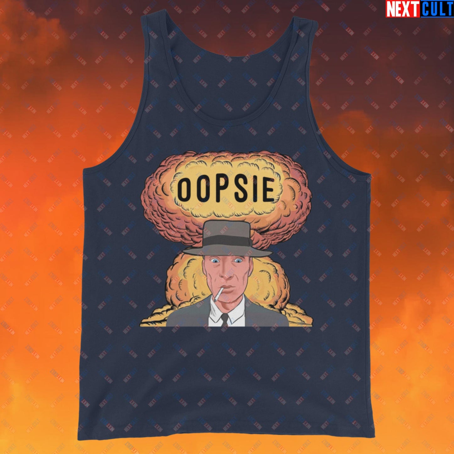 Oppenheimer Oopsie Funny Movie Parody Nuclear Atomic Bomb Explosion Tank Top Navy Tank Tops Cillian Murphy Movies Oppenheimer Next Cult Brand