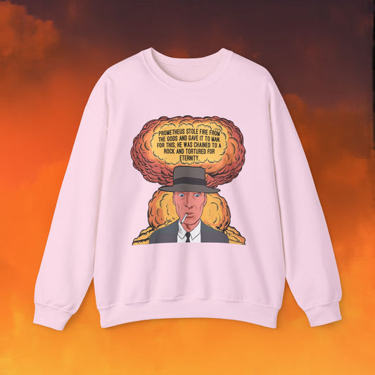 Oppenheimer “Prometheus Stole Fire From The Gods And Gave It to Man. For This, He Was Chained To A Rock And Tortured For Eternity.” Unisex Heavy Blend Crewneck Sweatshirt Light Pink Sweatshirts Cillian Murphy Movies Oppenheimer Printify