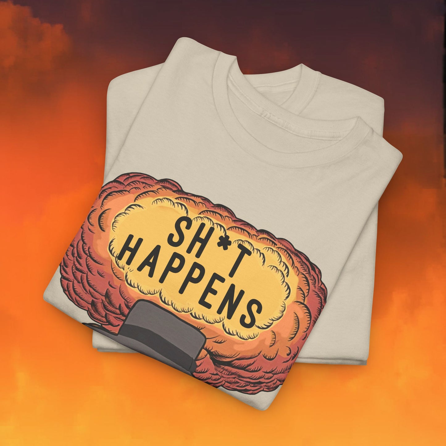 Oppenheimer Sh*t Happens Funny Movie Parody Nuclear Atomic Bomb Explosion Unisex Heavy Cotton Tee T-shirts Cillian Murphy Movies Oppenheimer Printify