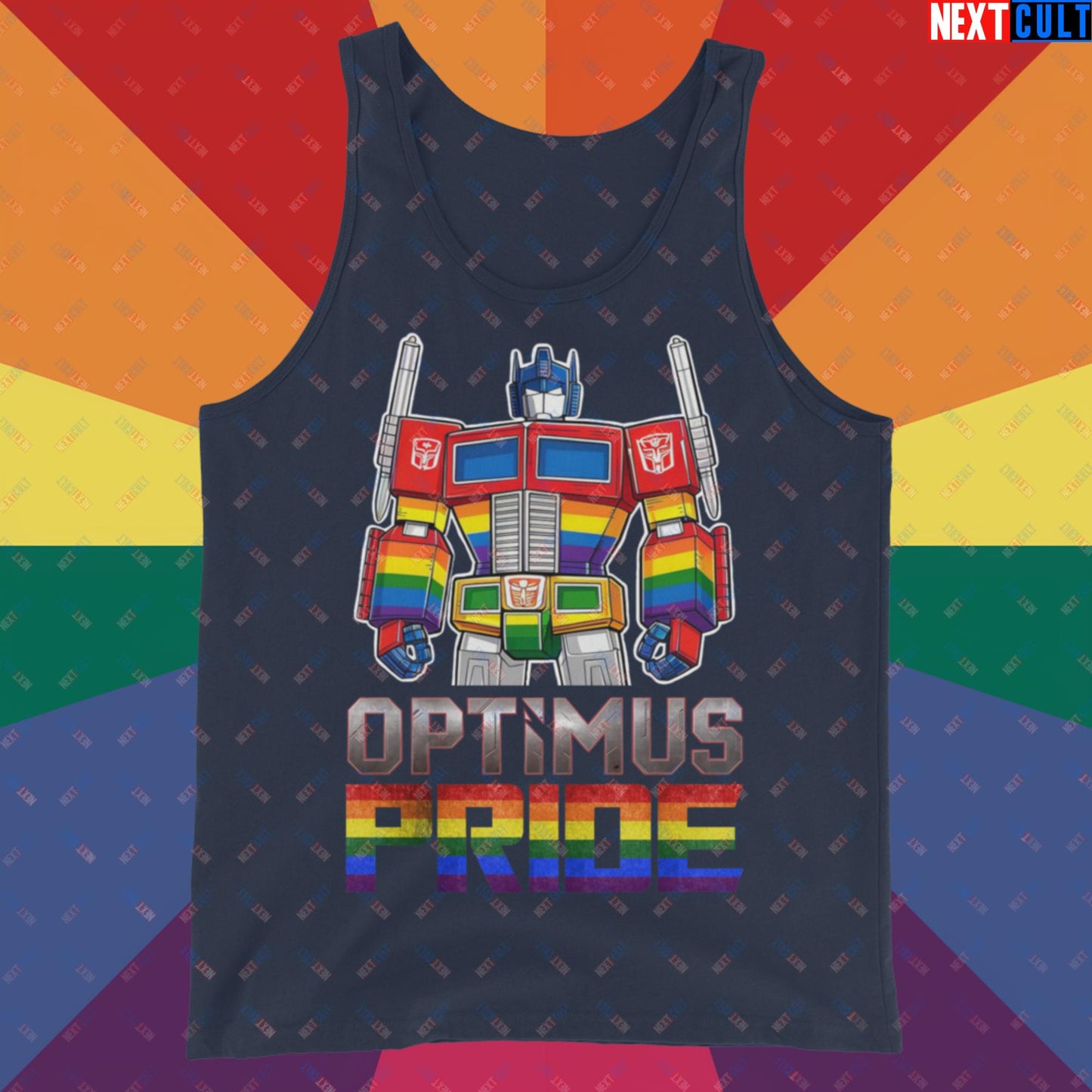 Optimus Pride Transformer Gay Pride Funny LGBTQ+ Tank Top Navy Tank Tops LGBTQ+ Movies Transformers Next Cult Brand