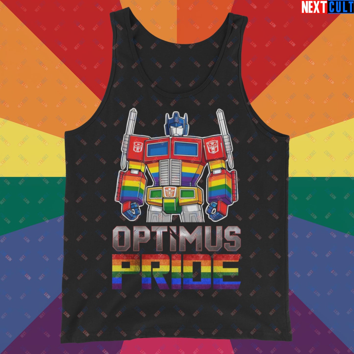 Optimus Pride Transformer Gay Pride Funny LGBTQ+ Tank Top Black Tank Tops LGBTQ+ Movies Transformers Next Cult Brand
