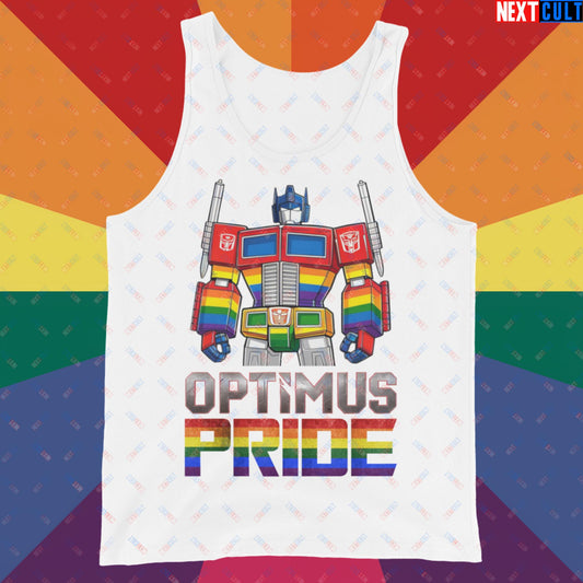 Optimus Pride Transformer Gay Pride Funny LGBTQ+ Tank Top White Tank Tops LGBTQ+ Movies Transformers Next Cult Brand