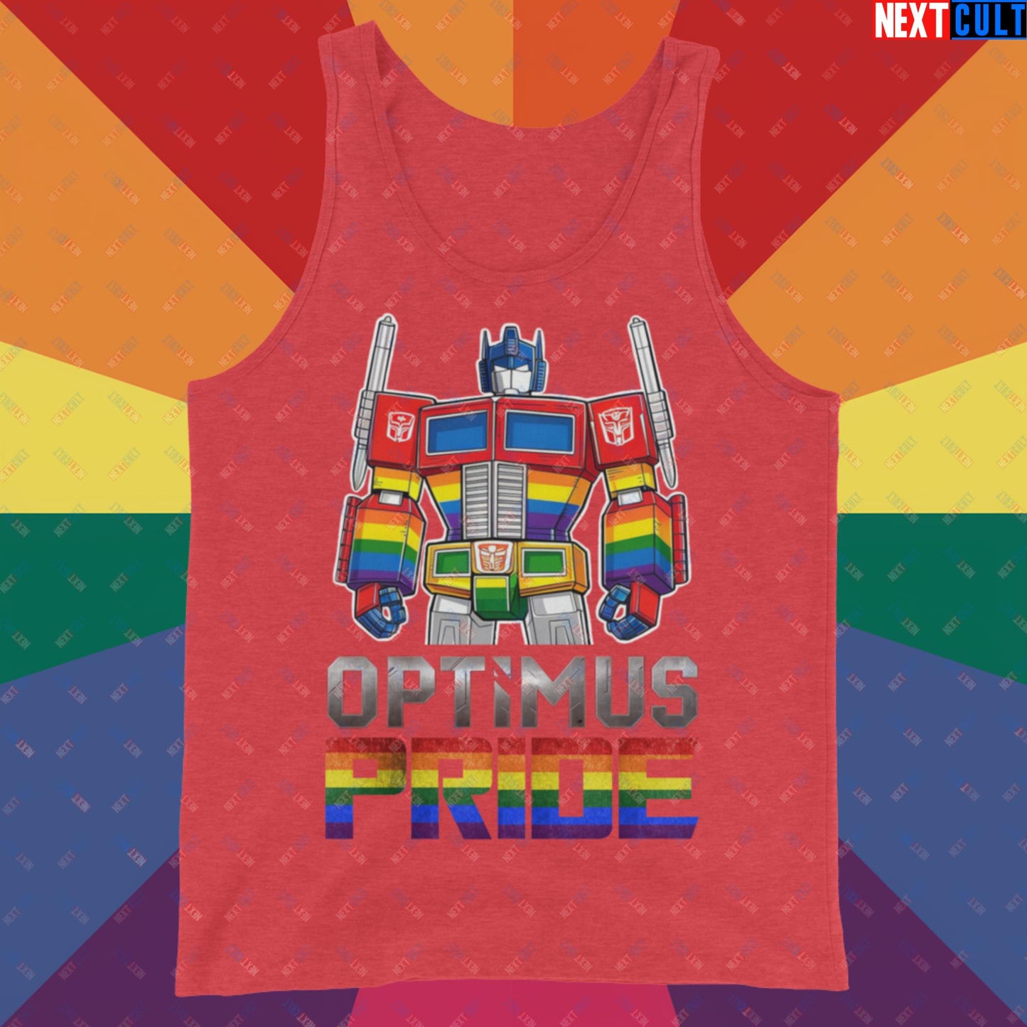 Optimus Pride Transformer Gay Pride Funny LGBTQ+ Tank Top Red Triblend Tank Tops LGBTQ+ Movies Transformers Next Cult Brand