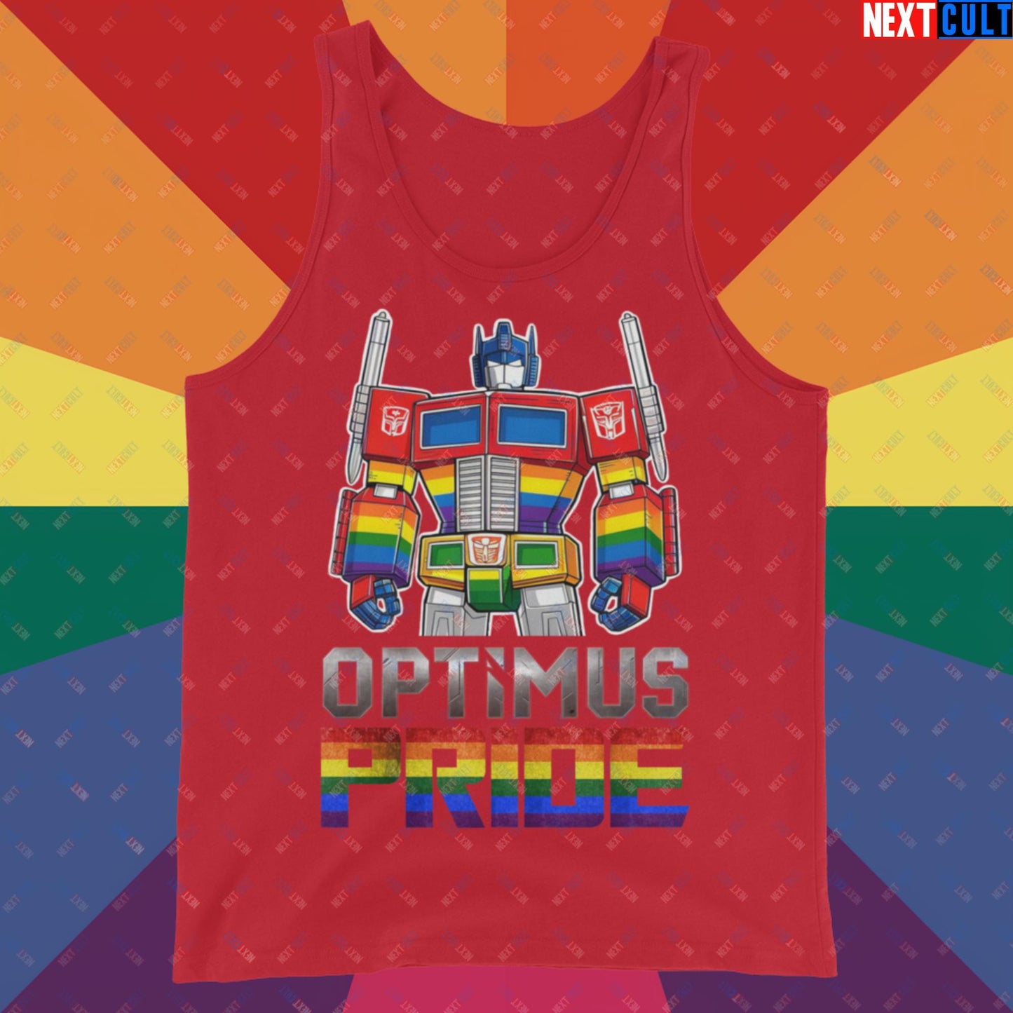 Optimus Pride Transformer Gay Pride Funny LGBTQ+ Tank Top Red Tank Tops LGBTQ+ Movies Transformers Next Cult Brand