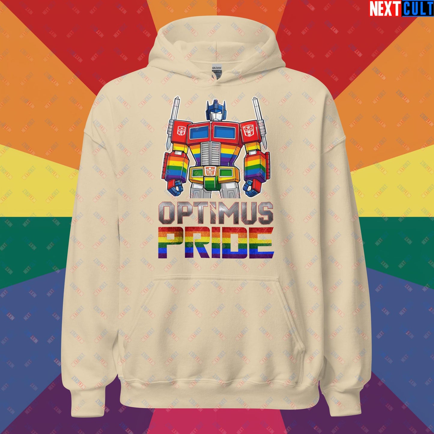 Optimus Pride Transformer Gay Pride Funny LGBTQ+ Unisex Hoodie Sand Hoodies LGBTQ+ Movies Transformers Next Cult Brand