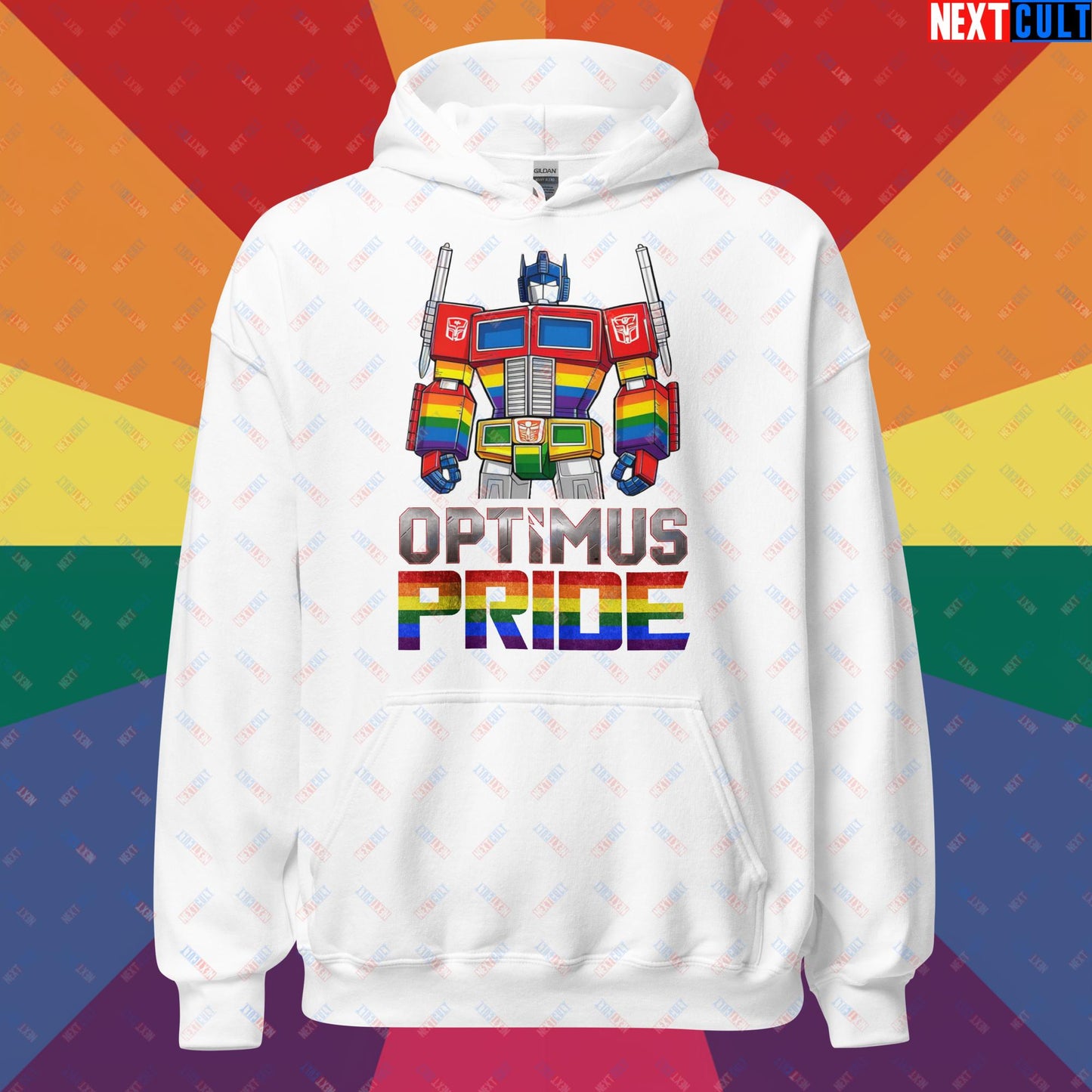 Optimus Pride Transformer Gay Pride Funny LGBTQ+ Unisex Hoodie White Hoodies LGBTQ+ Movies Transformers Next Cult Brand