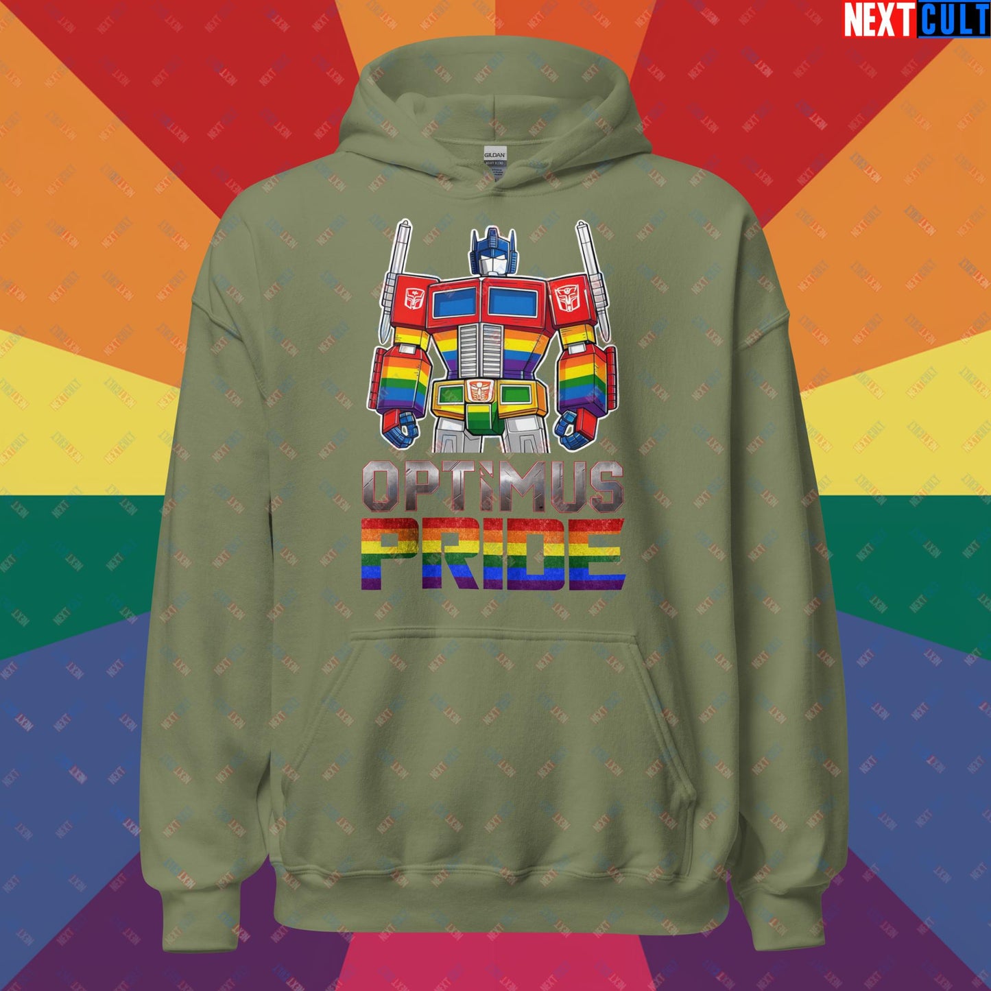 Optimus Pride Transformer Gay Pride Funny LGBTQ+ Unisex Hoodie Military Green Hoodies LGBTQ+ Movies Transformers Next Cult Brand