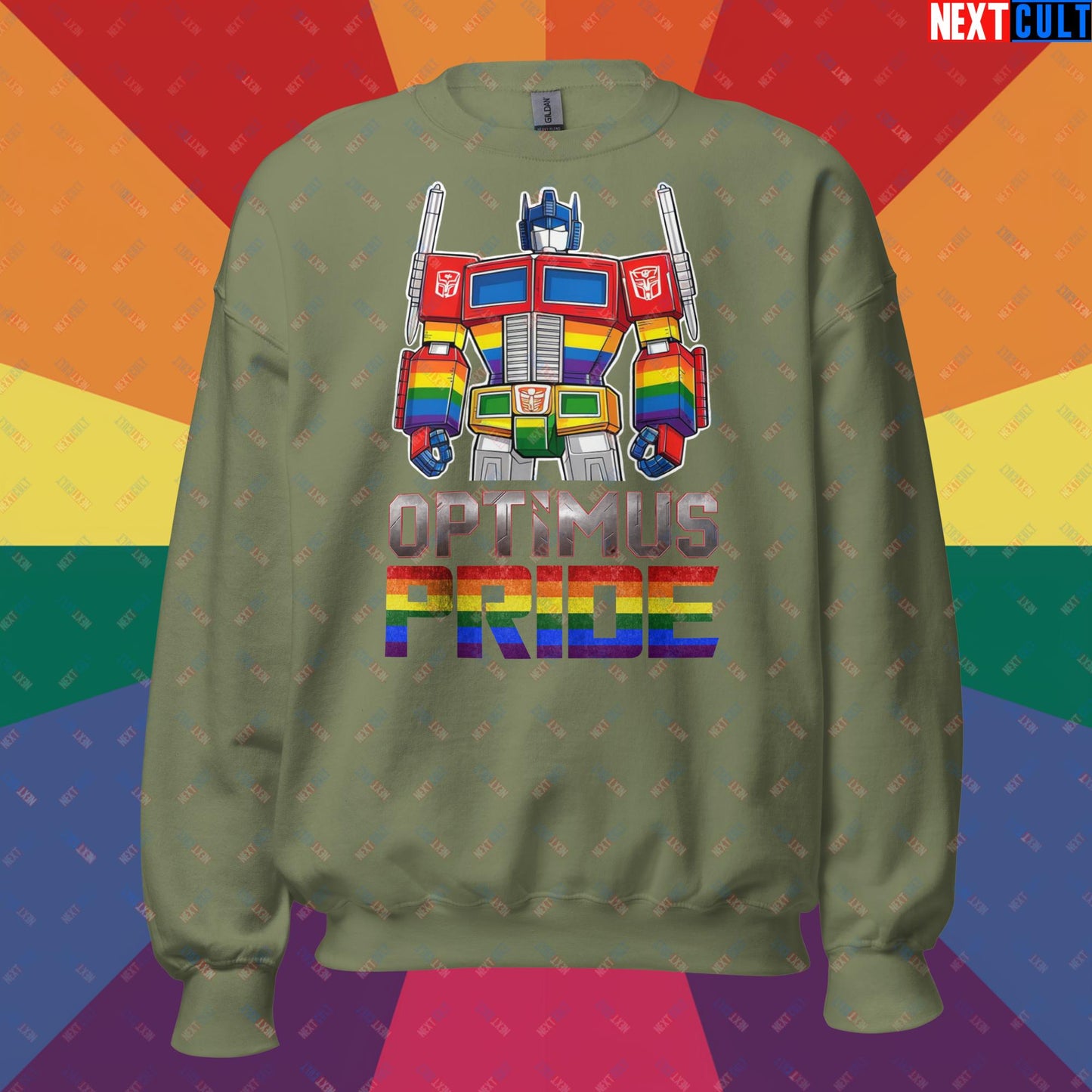 Optimus Pride Transformer Gay Pride Funny LGBTQ+ Unisex Sweatshirt Military Green Sweatshirts LGBTQ+ Movies Transformers Next Cult Brand