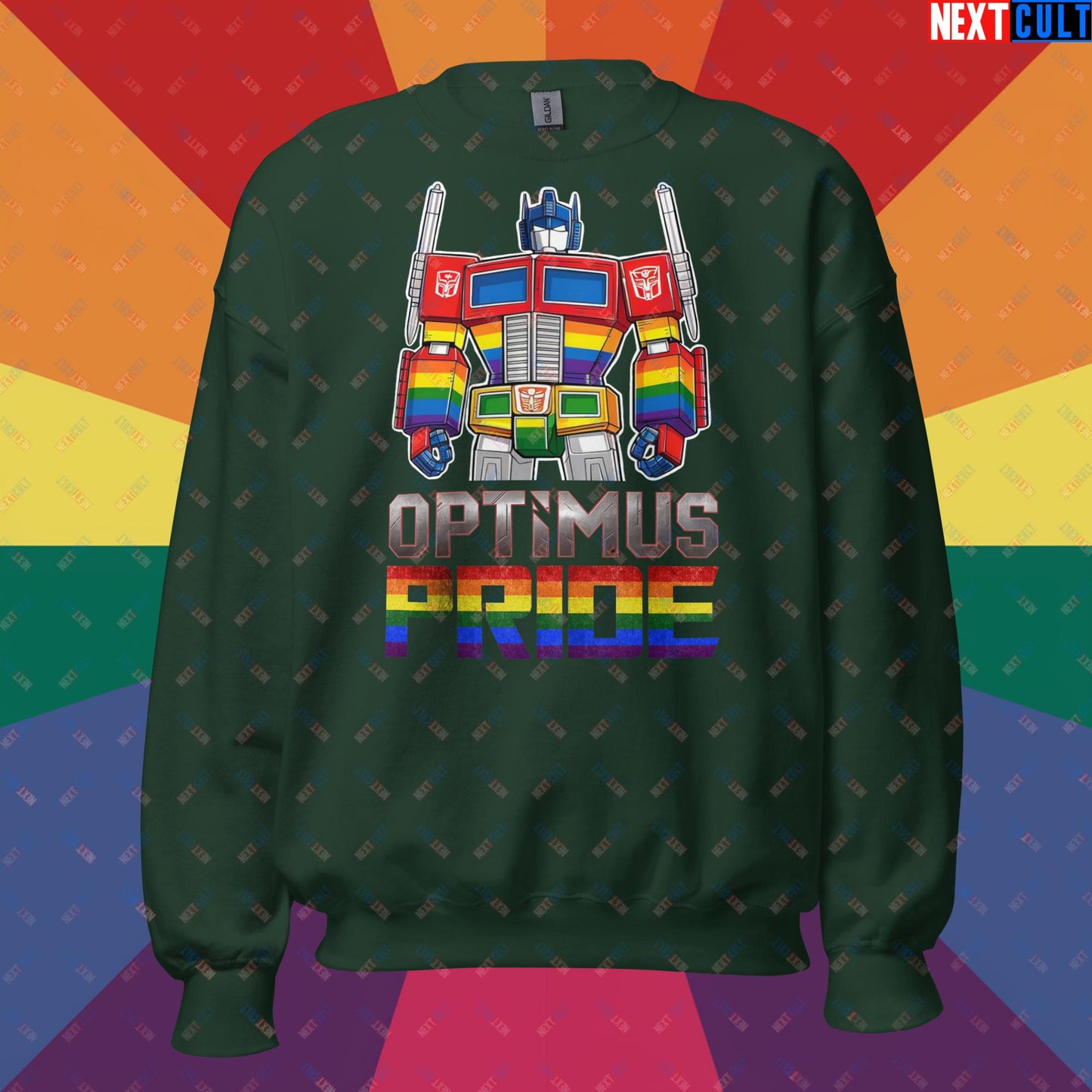Optimus Pride Transformer Gay Pride Funny LGBTQ+ Unisex Sweatshirt Forest Green Sweatshirts LGBTQ+ Movies Transformers Next Cult Brand