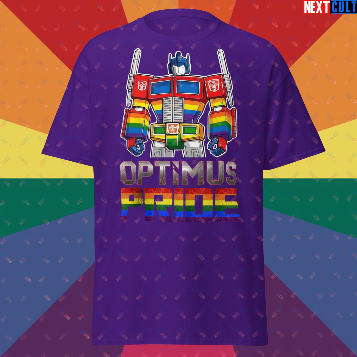 Optimus Pride Transformer Gay Pride Funny LGBTQ+ Unisex tee Purple T-shirts LGBTQ+ Movies Transformers Next Cult Brand