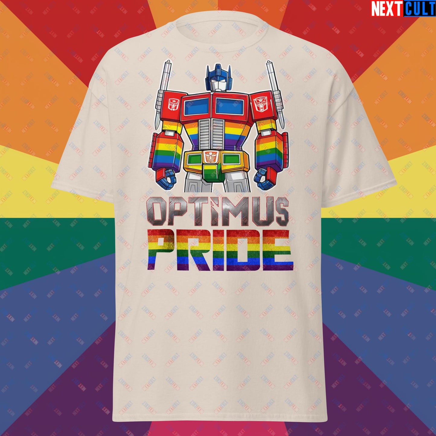 Optimus Pride Transformer Gay Pride Funny LGBTQ+ Unisex tee Natural T-shirts LGBTQ+ Movies Transformers Next Cult Brand