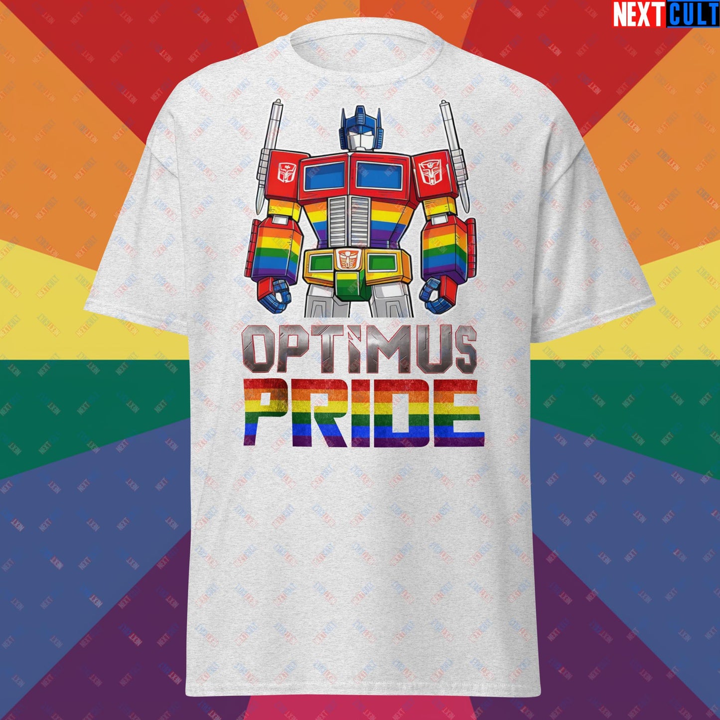 Optimus Pride Transformer Gay Pride Funny LGBTQ+ Unisex tee Ash T-shirts LGBTQ+ Movies Transformers Next Cult Brand