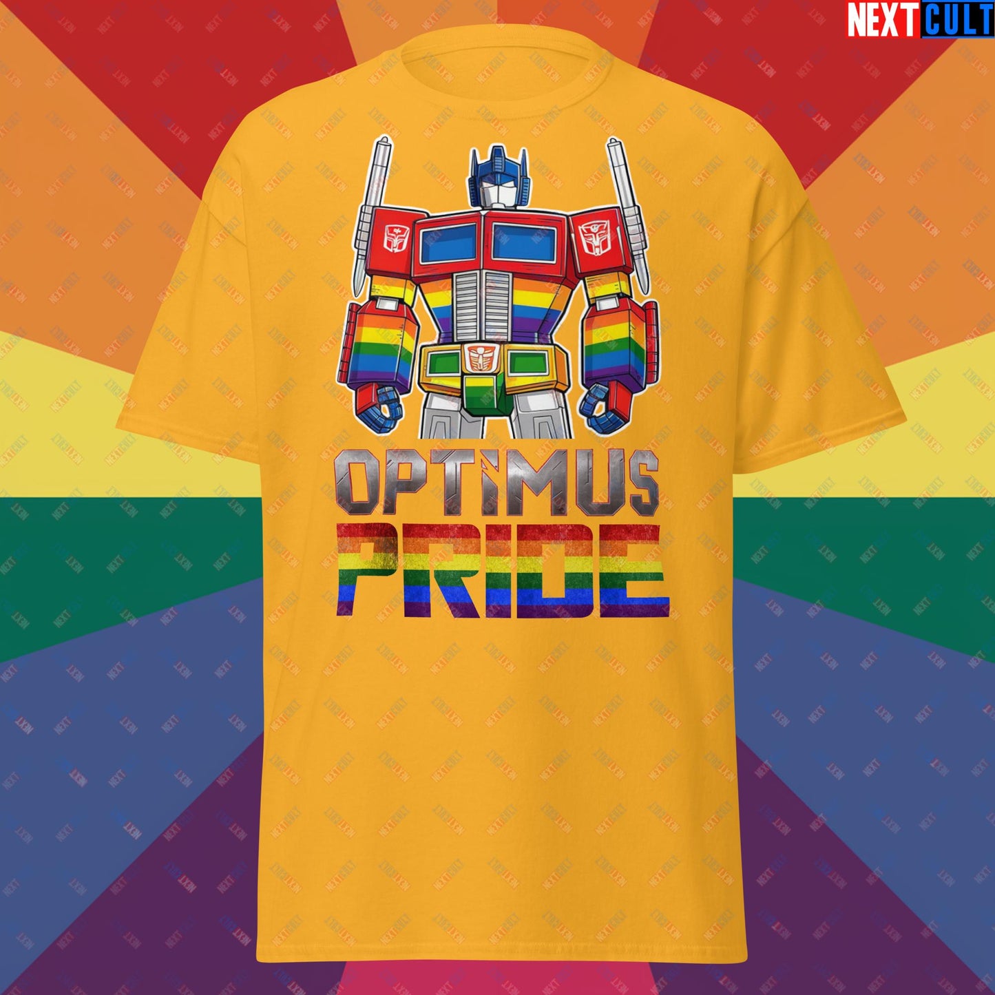 Optimus Pride Transformer Gay Pride Funny LGBTQ+ Unisex tee Gold T-shirts LGBTQ+ Movies Transformers Next Cult Brand
