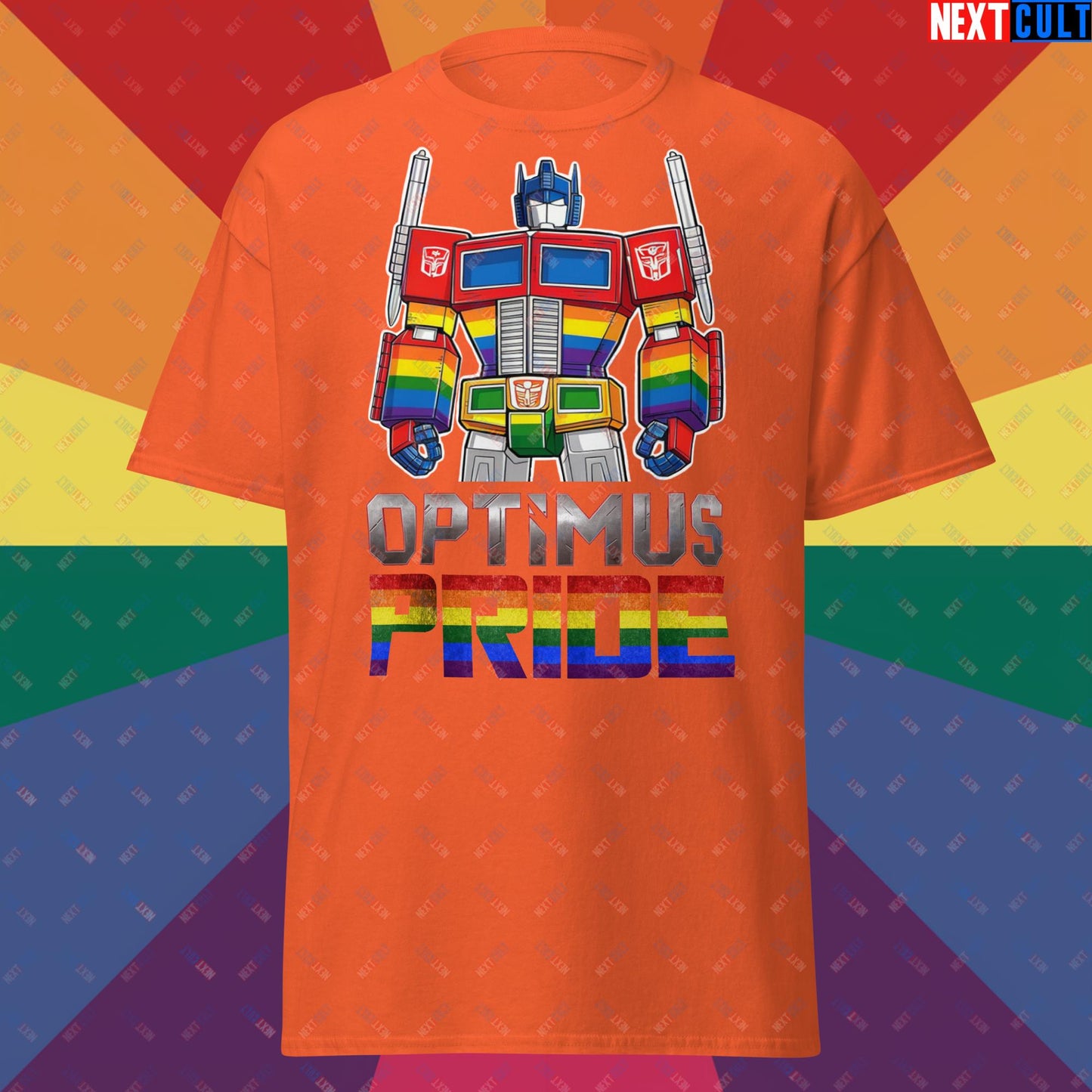 Optimus Pride Transformer Gay Pride Funny LGBTQ+ Unisex tee Orange T-shirts LGBTQ+ Movies Transformers Next Cult Brand