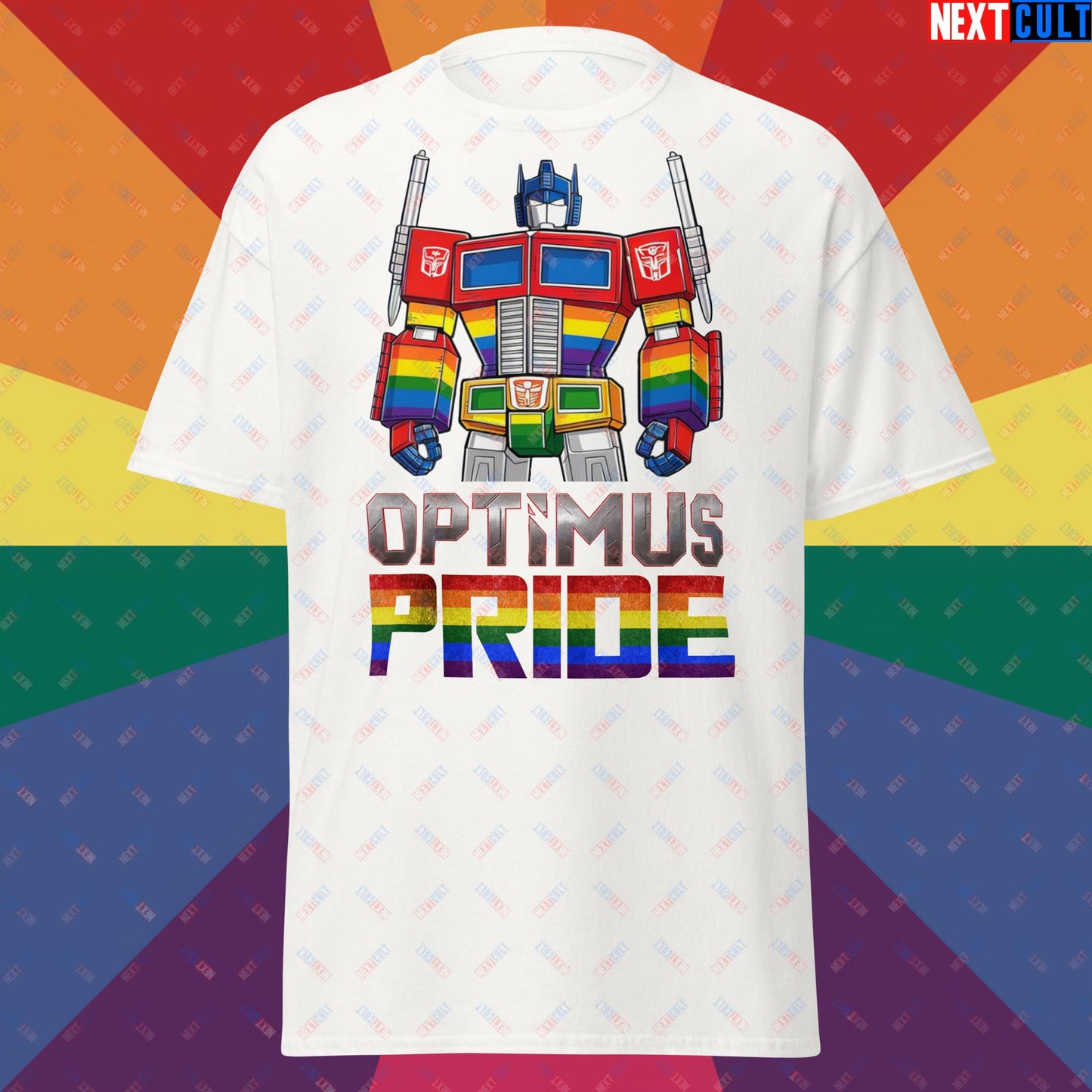 Optimus Pride Transformer Gay Pride Funny LGBTQ+ Unisex tee White T-shirts LGBTQ+ Movies Transformers Next Cult Brand