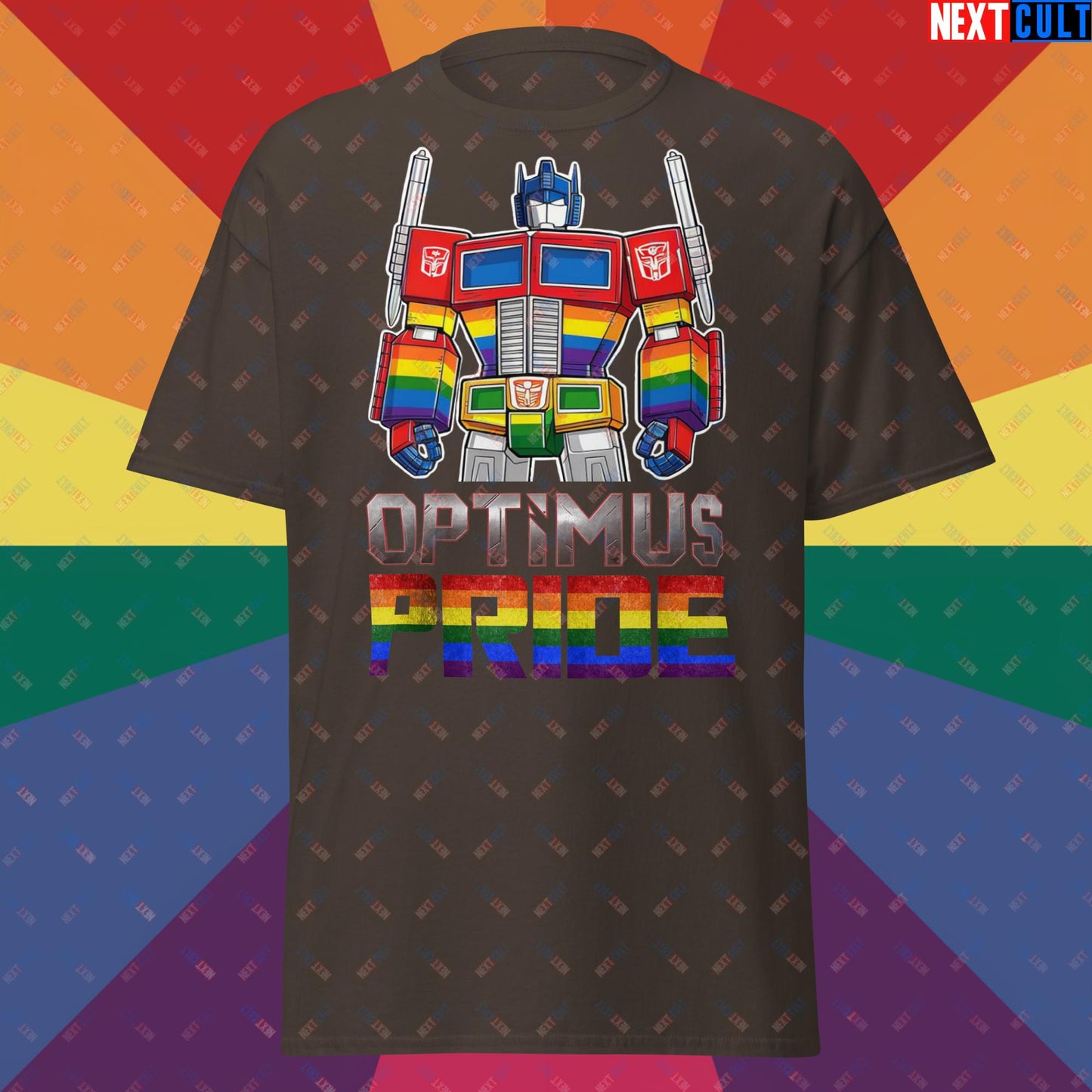 Optimus Pride Transformer Gay Pride Funny LGBTQ+ Unisex tee Dark Chocolate T-shirts LGBTQ+ Movies Transformers Next Cult Brand