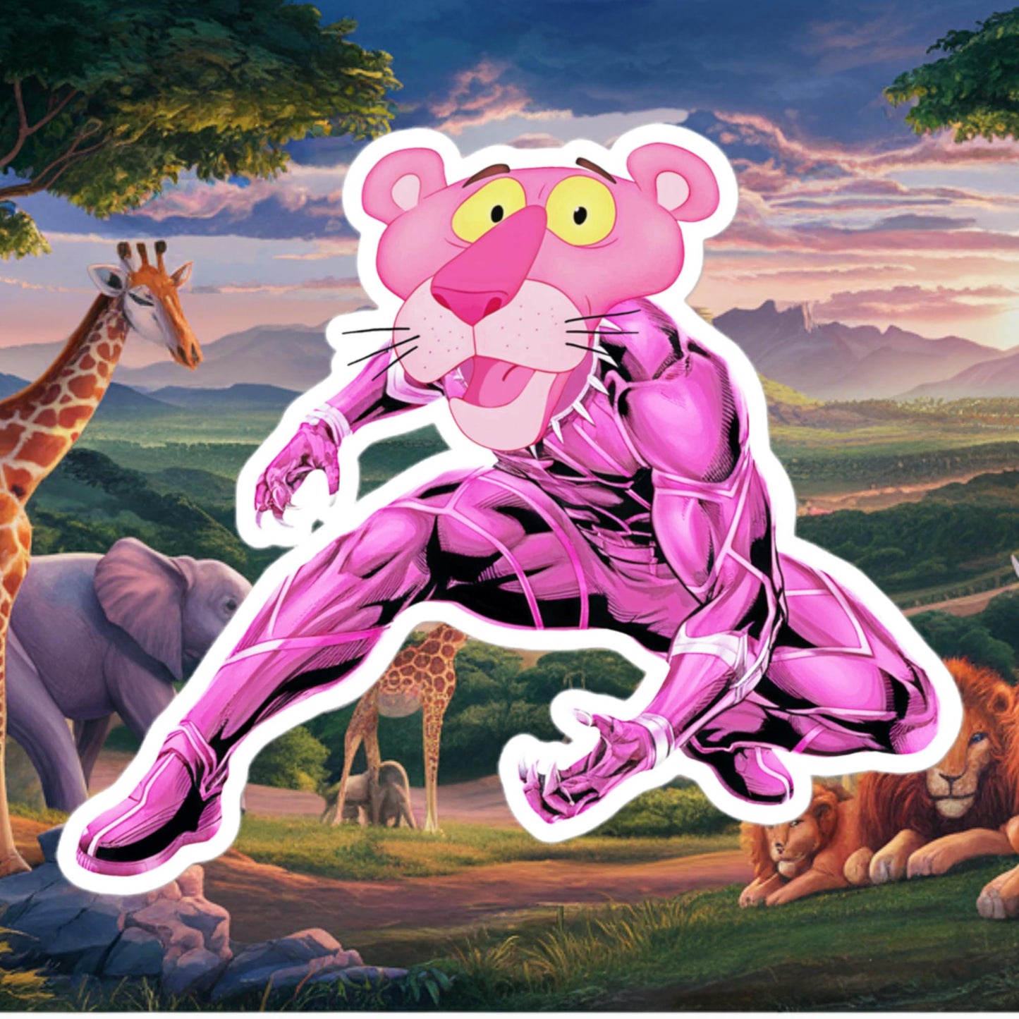 Pink Panther x Black Panther Bubble-free stickers 5.5″×5.5″ Stickers Black Panther Movies Pink Panther Superheroes TV Shows Next Cult Brand