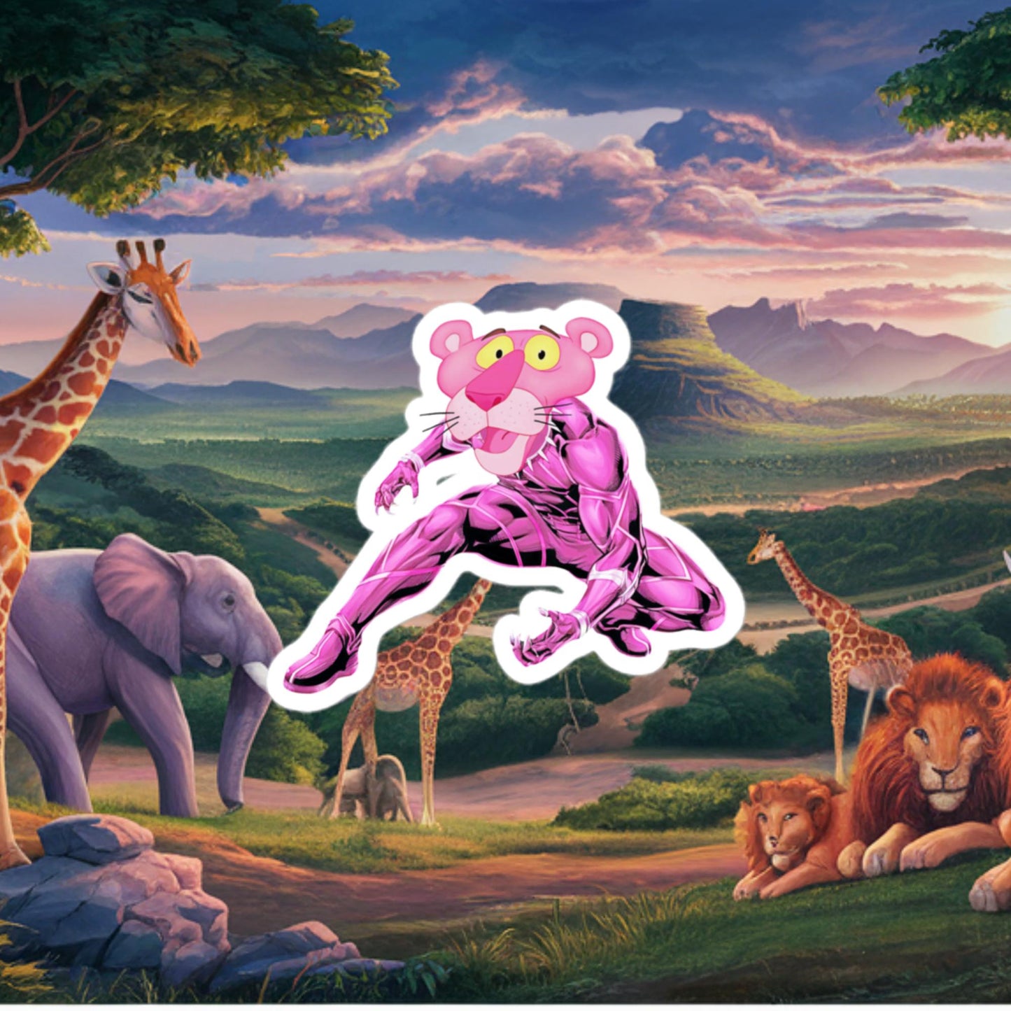 Pink Panther x Black Panther Bubble-free stickers 3″×3″ Stickers Black Panther Movies Pink Panther Superheroes TV Shows Next Cult Brand