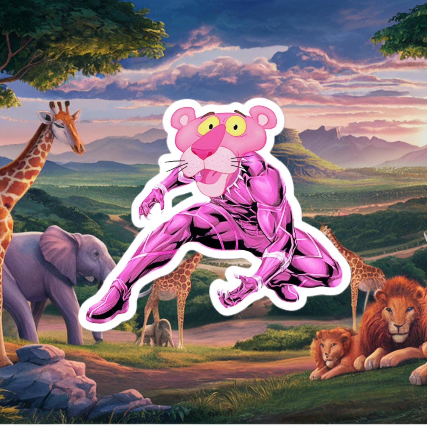 Pink Panther x Black Panther Bubble-free stickers 4″×4″ Stickers Avengers Black Panther Movies Pink Panther Superheroes TV Shows Next Cult Brand