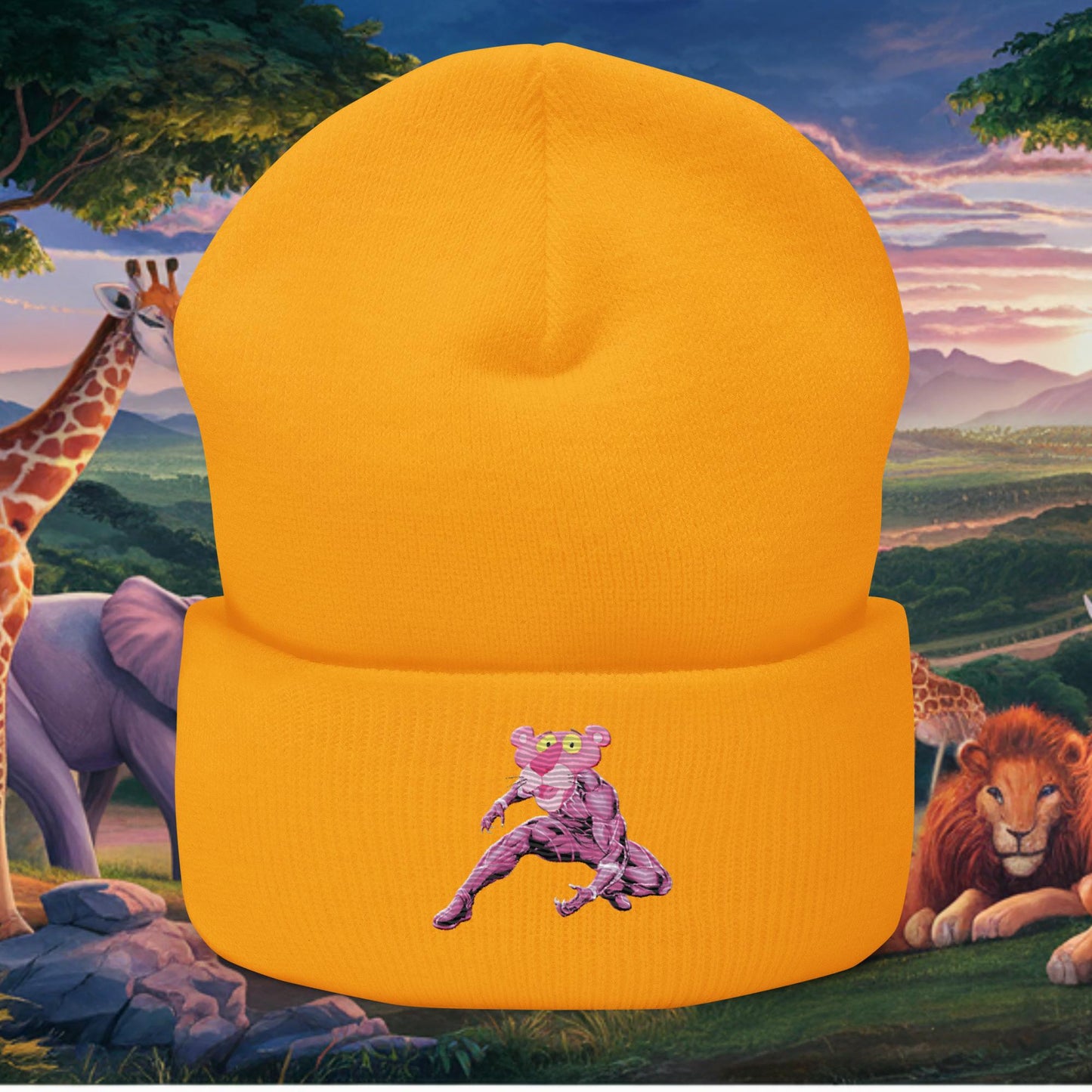 Pink Panther x Black Panther Cuffed Beanie Gold Hats Avengers Black Panther Movies Pink Panther Superheroes TV Shows Next Cult Brand