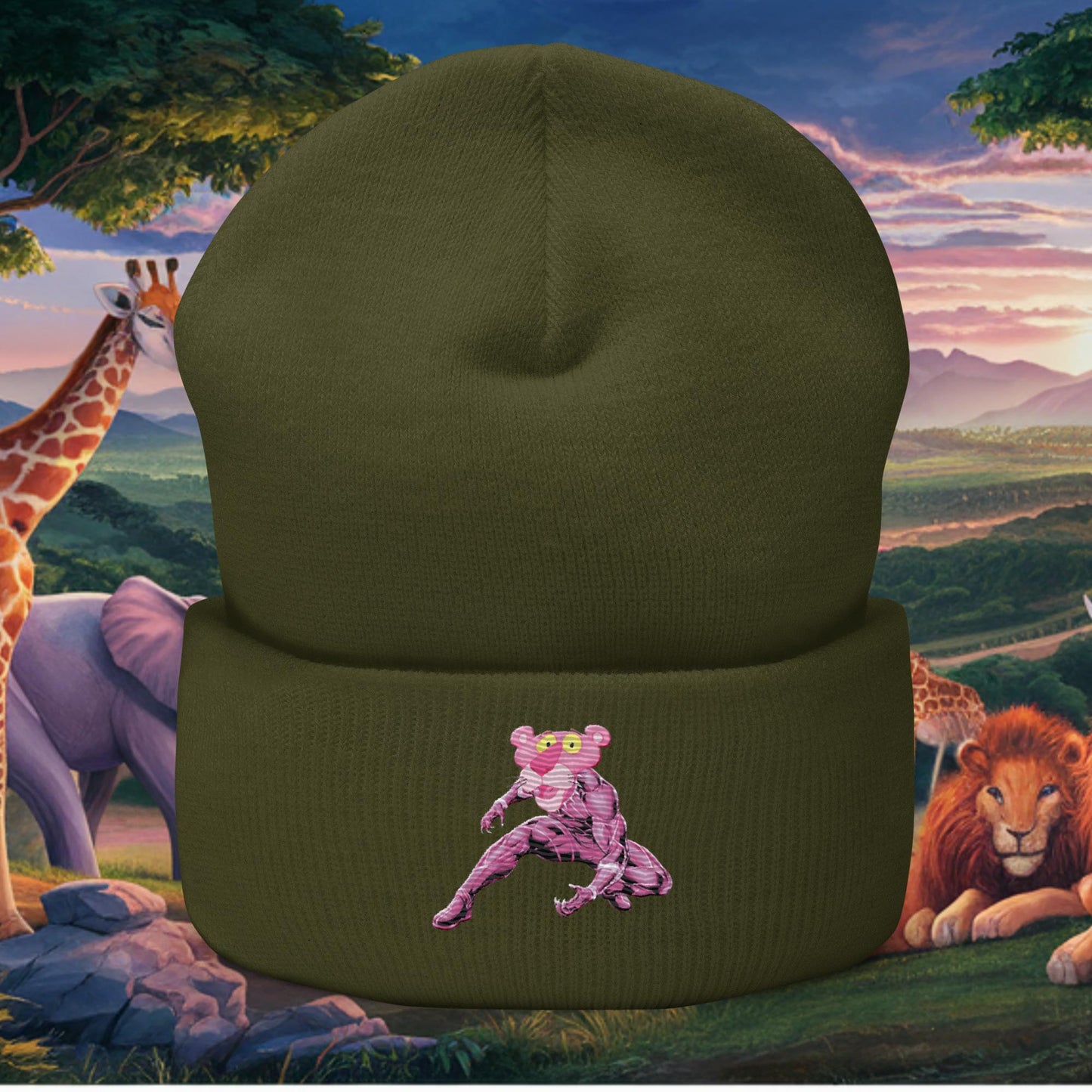 Pink Panther x Black Panther Cuffed Beanie Olive Hats Black Panther Movies Pink Panther Superheroes TV Shows Next Cult Brand