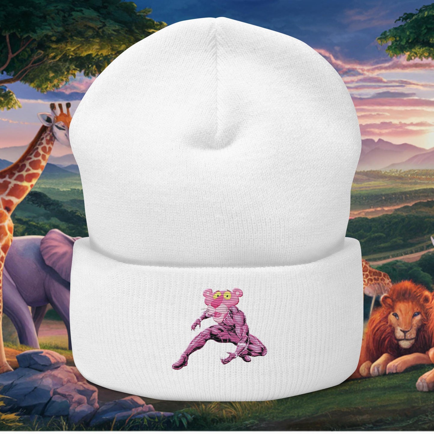 Pink Panther x Black Panther Cuffed Beanie White Hats Black Panther Movies Pink Panther Superheroes TV Shows Next Cult Brand