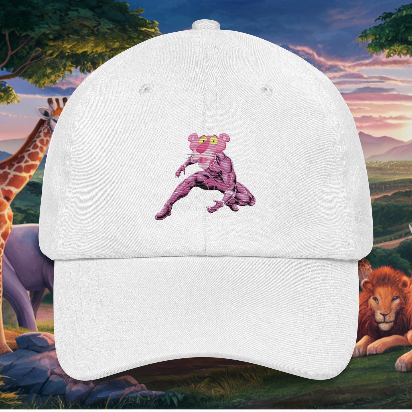 Pink Panther x Black Panther Dad hat White Hats Black Panther Movies Pink Panther Superheroes TV Shows Next Cult Brand