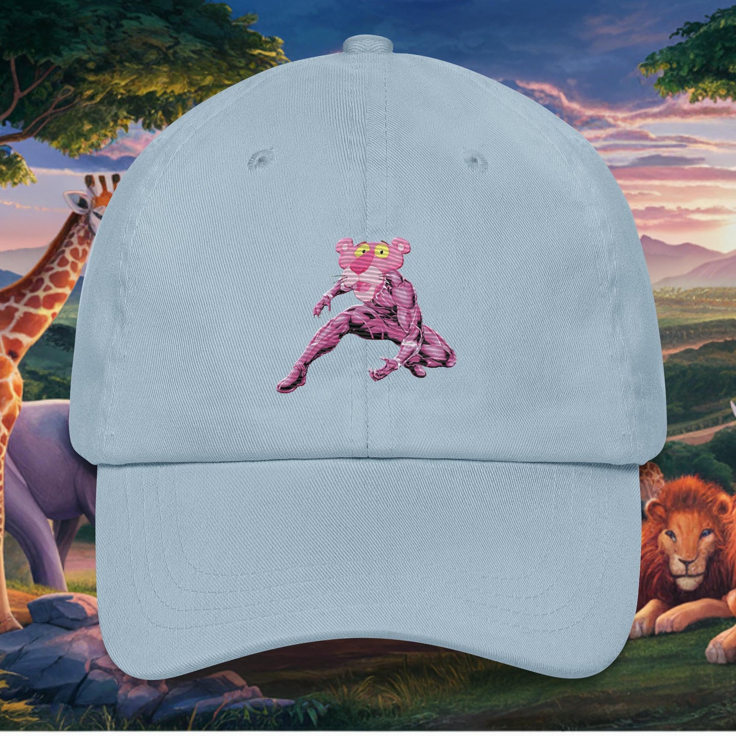 Pink Panther x Black Panther Dad hat Light Blue Hats Avengers Black Panther Movies Pink Panther Superheroes TV Shows Next Cult Brand