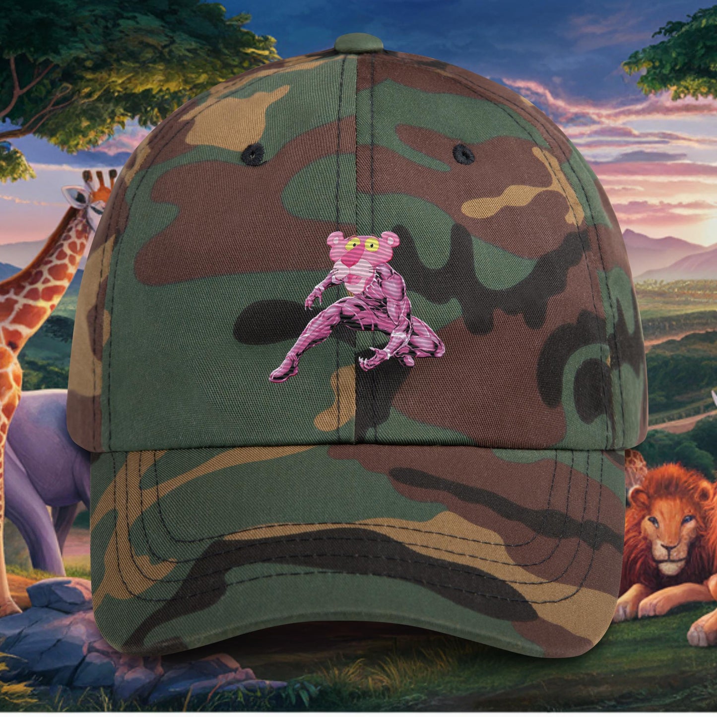 Pink Panther x Black Panther Dad hat Green Camo Hats Black Panther Movies Pink Panther Superheroes TV Shows Next Cult Brand