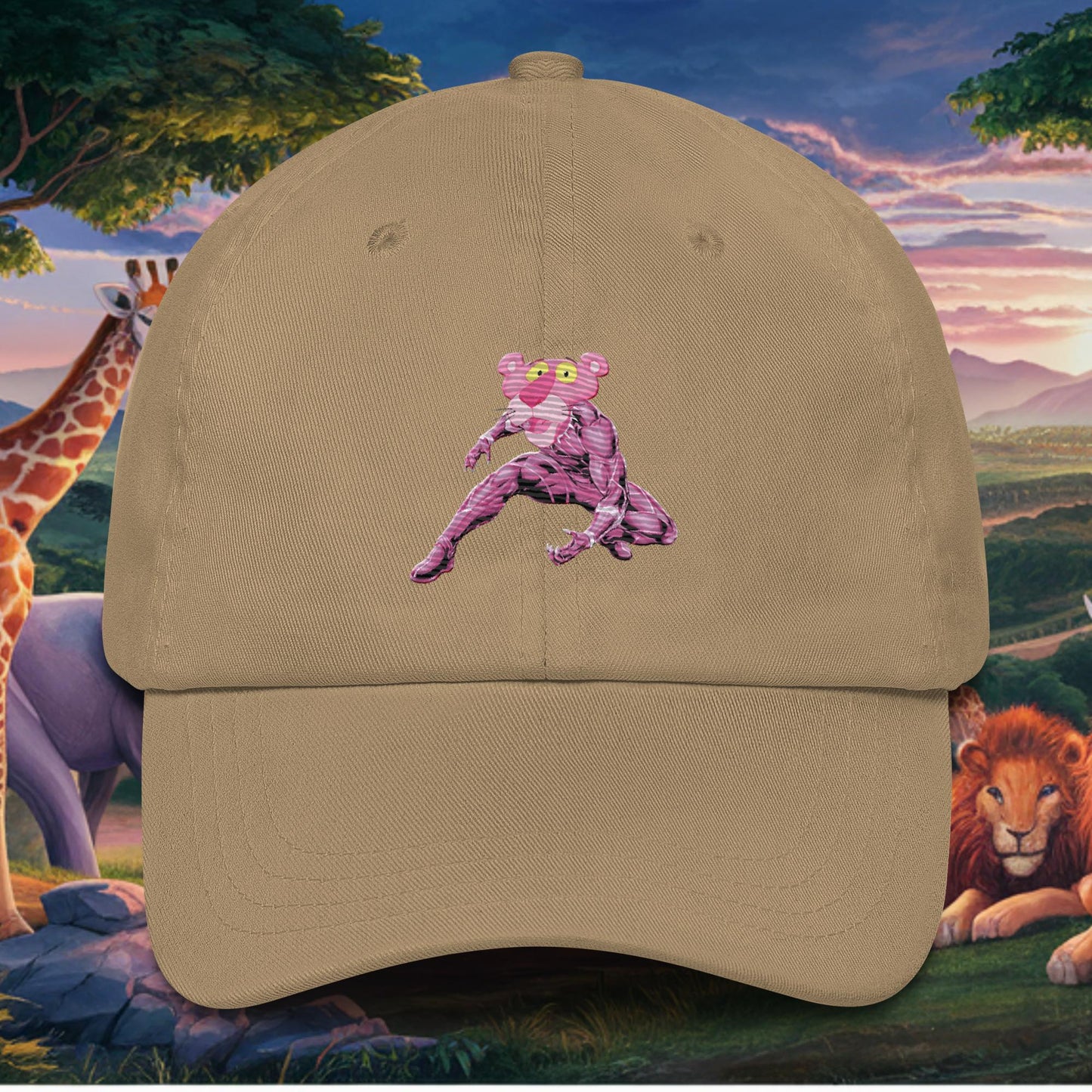 Pink Panther x Black Panther Dad hat Khaki Hats Black Panther Movies Pink Panther Superheroes TV Shows Next Cult Brand