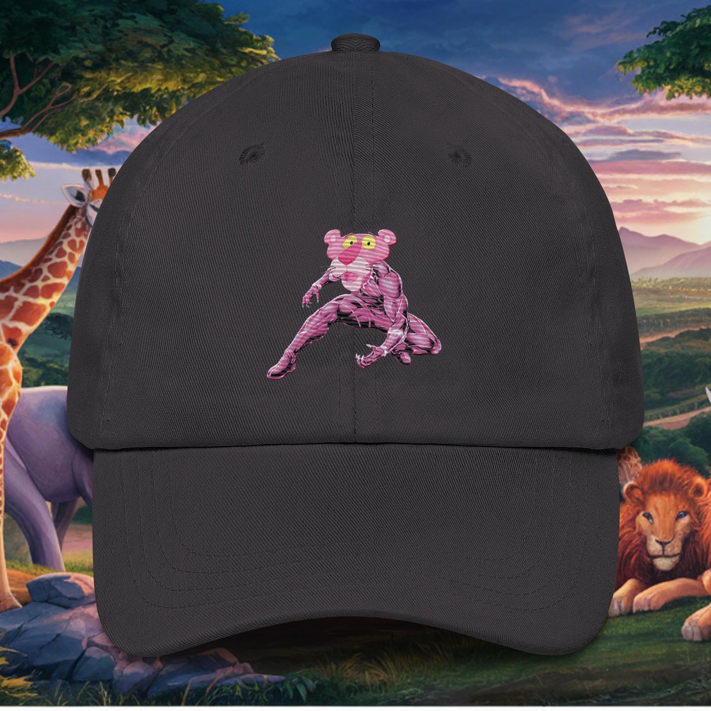 Pink Panther x Black Panther Dad hat Dark Grey Hats Black Panther Movies Pink Panther Superheroes TV Shows Next Cult Brand