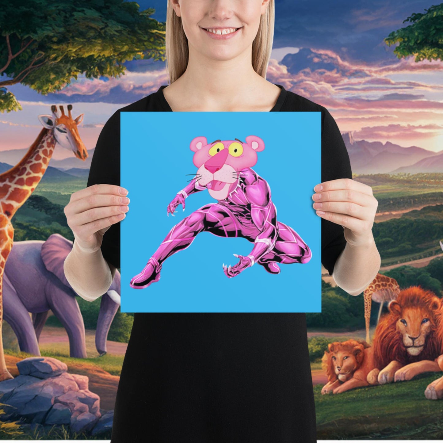 Pink Panther x Black Panther Poster 12″×12″ Posters Black Panther Movies Pink Panther Superheroes TV Shows Next Cult Brand