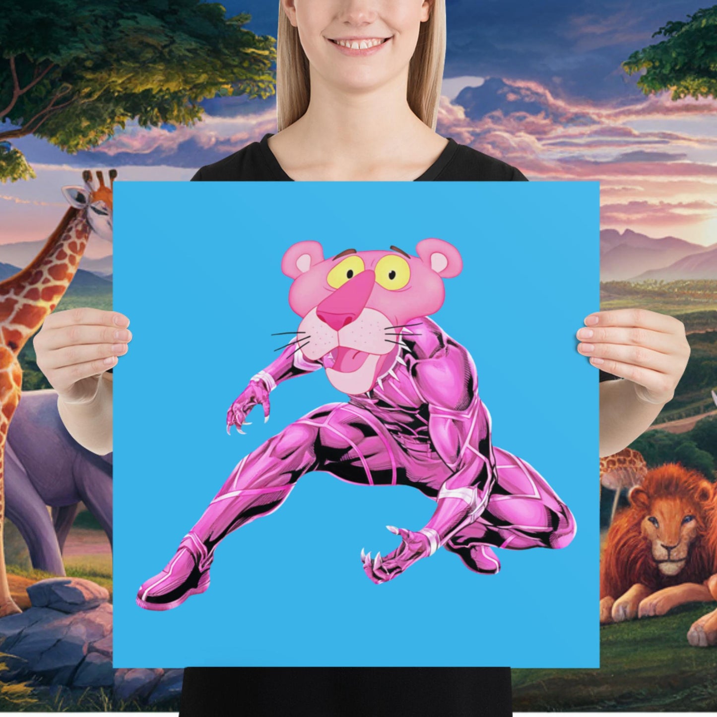 Pink Panther x Black Panther Poster 18″×18″ Posters Black Panther Movies Pink Panther Superheroes TV Shows Next Cult Brand