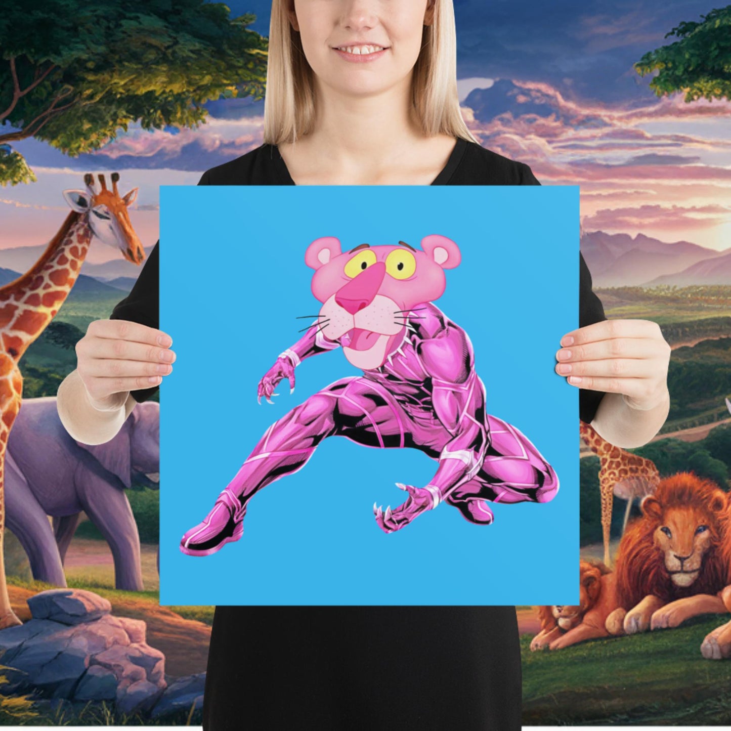 Pink Panther x Black Panther Poster 16″×16″ Posters Black Panther Movies Pink Panther Superheroes TV Shows Next Cult Brand