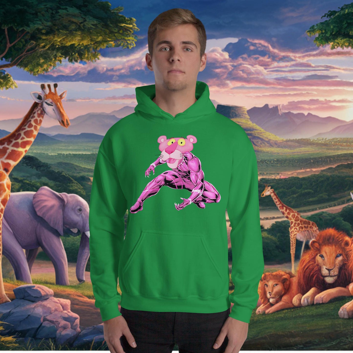 Pink Panther x Black Panther Unisex Hoodie Irish Green Hoodies Avengers Black Panther Movies Pink Panther Superheroes TV Shows Next Cult Brand