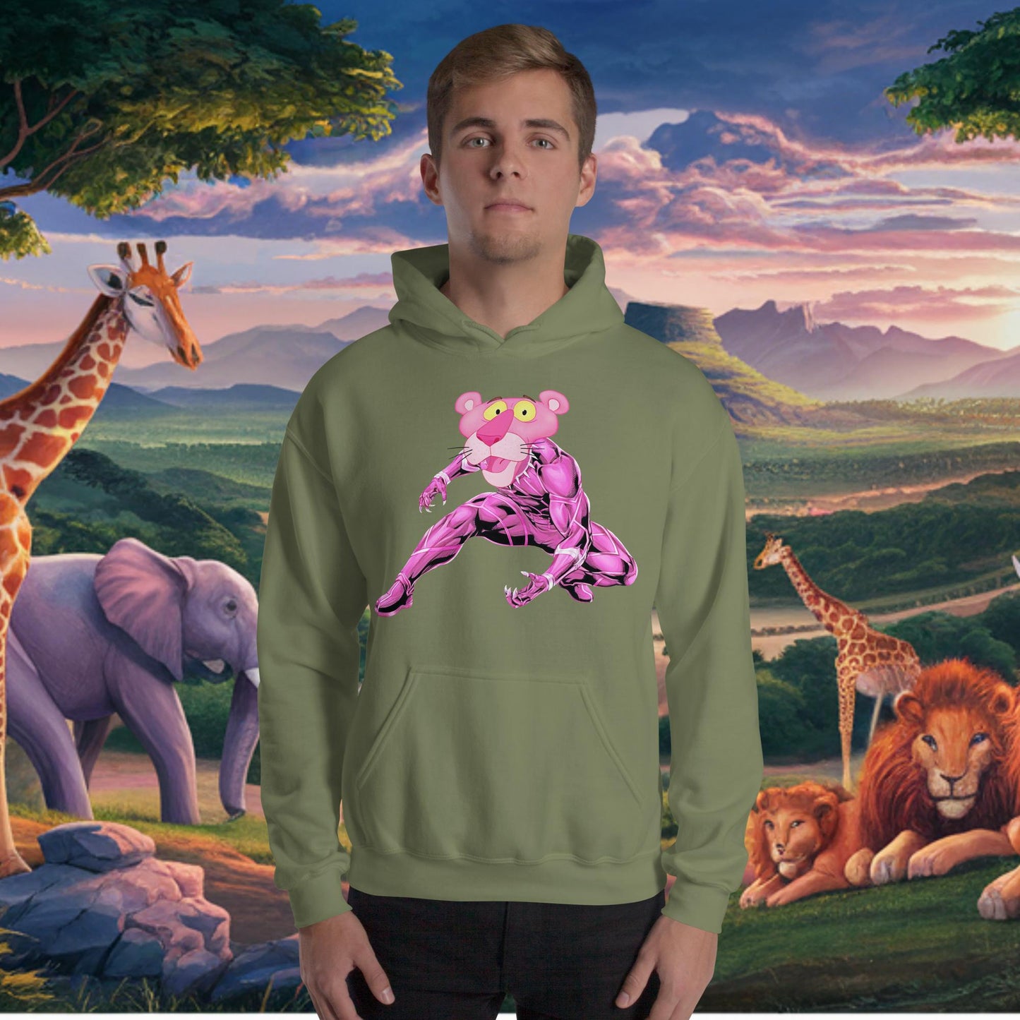 Pink Panther x Black Panther Unisex Hoodie Military Green Hoodies Avengers Black Panther Movies Pink Panther Superheroes TV Shows Next Cult Brand