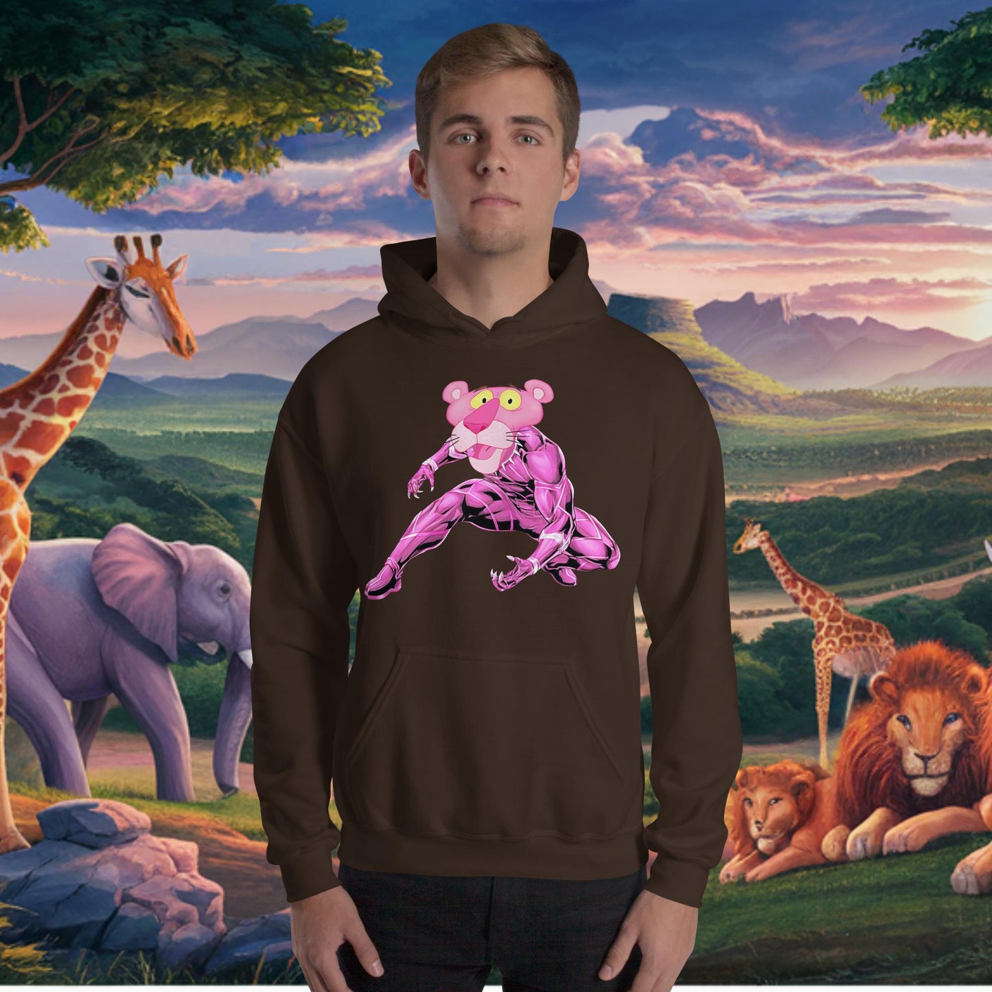 Pink Panther x Black Panther Unisex Hoodie Dark Chocolate Hoodies Avengers Black Panther Movies Pink Panther Superheroes TV Shows Next Cult Brand