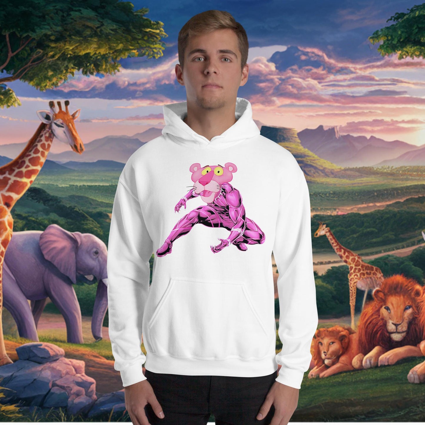 Pink Panther x Black Panther Unisex Hoodie White Hoodies Avengers Black Panther Movies Pink Panther Superheroes TV Shows Next Cult Brand