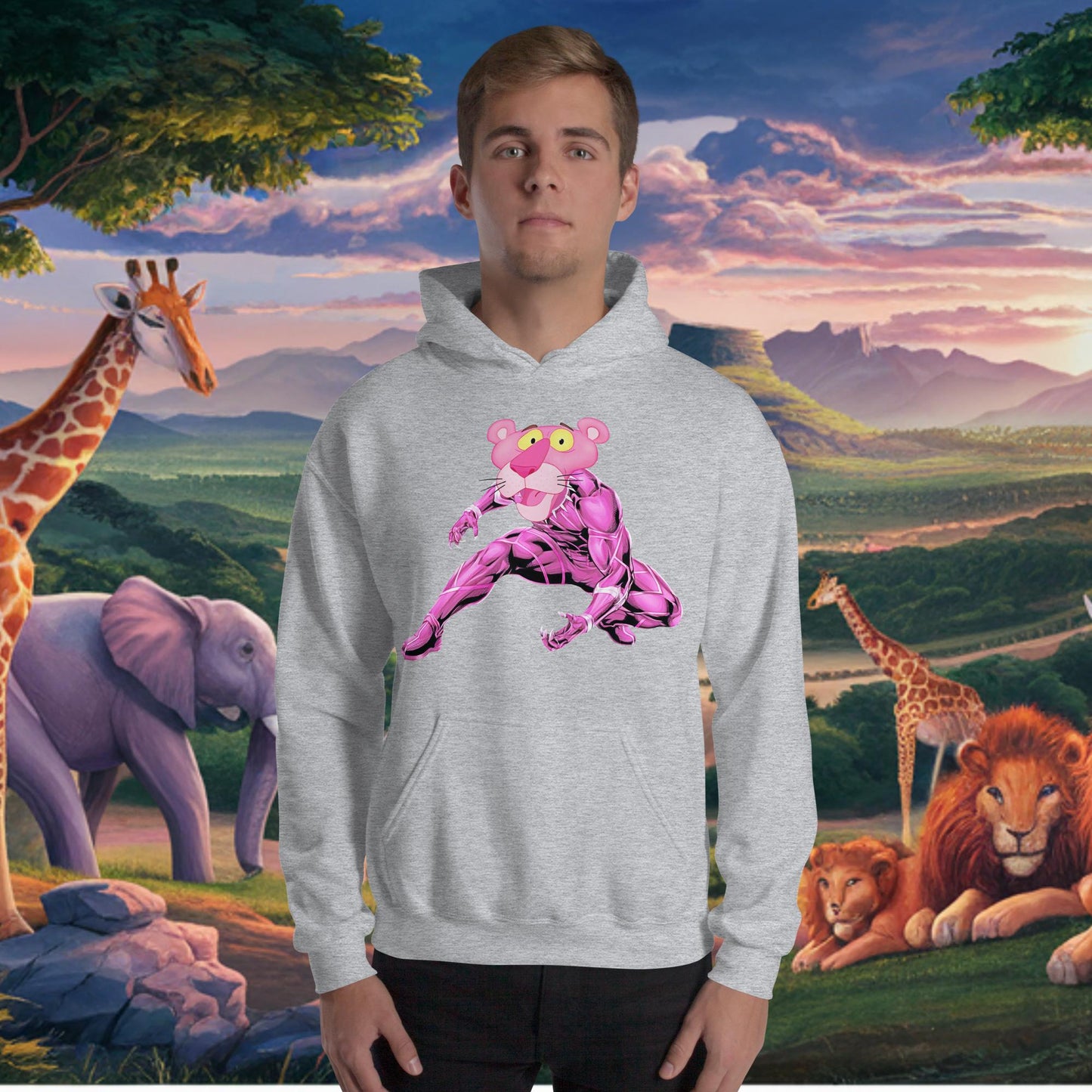 Pink Panther x Black Panther Unisex Hoodie Sport Grey Hoodies Avengers Black Panther Movies Pink Panther Superheroes TV Shows Next Cult Brand