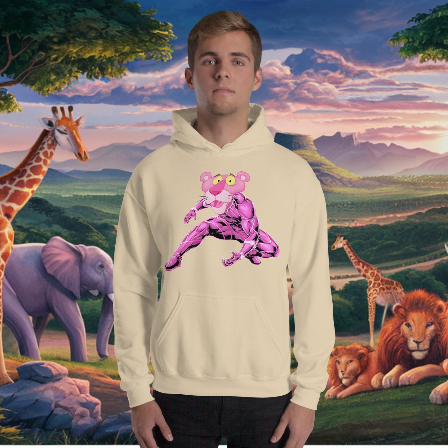 Pink Panther x Black Panther Unisex Hoodie Sand Hoodies Avengers Black Panther Movies Pink Panther Superheroes TV Shows Next Cult Brand