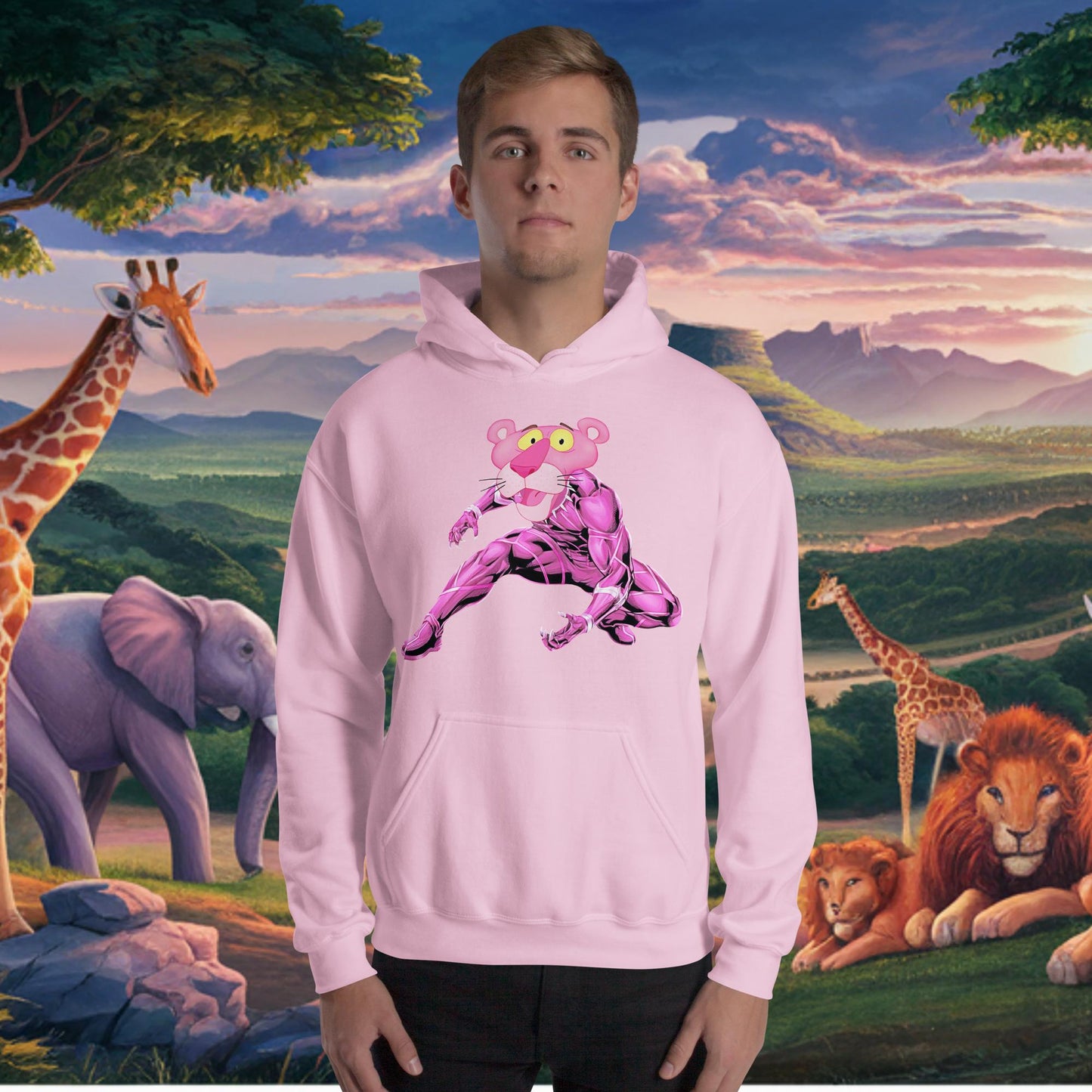 Pink Panther x Black Panther Unisex Hoodie Light Pink Hoodies Avengers Black Panther Movies Pink Panther Superheroes TV Shows Next Cult Brand