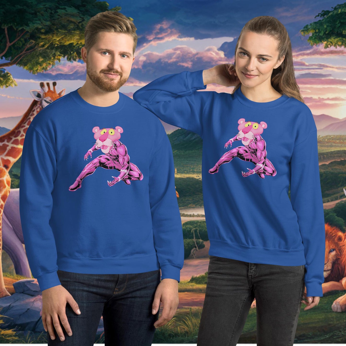 Pink Panther x Black Panther Unisex Sweatshirt Royal Sweatshirts Avengers Black Panther Movies Pink Panther Superheroes TV Shows Next Cult Brand